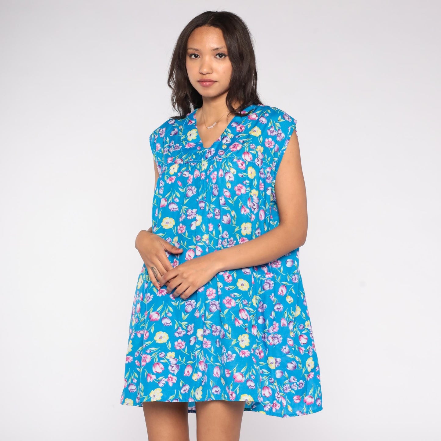 80s Blue Floral Tulip Mini Dress Sleeveless V Neck Babydoll Pockets Small