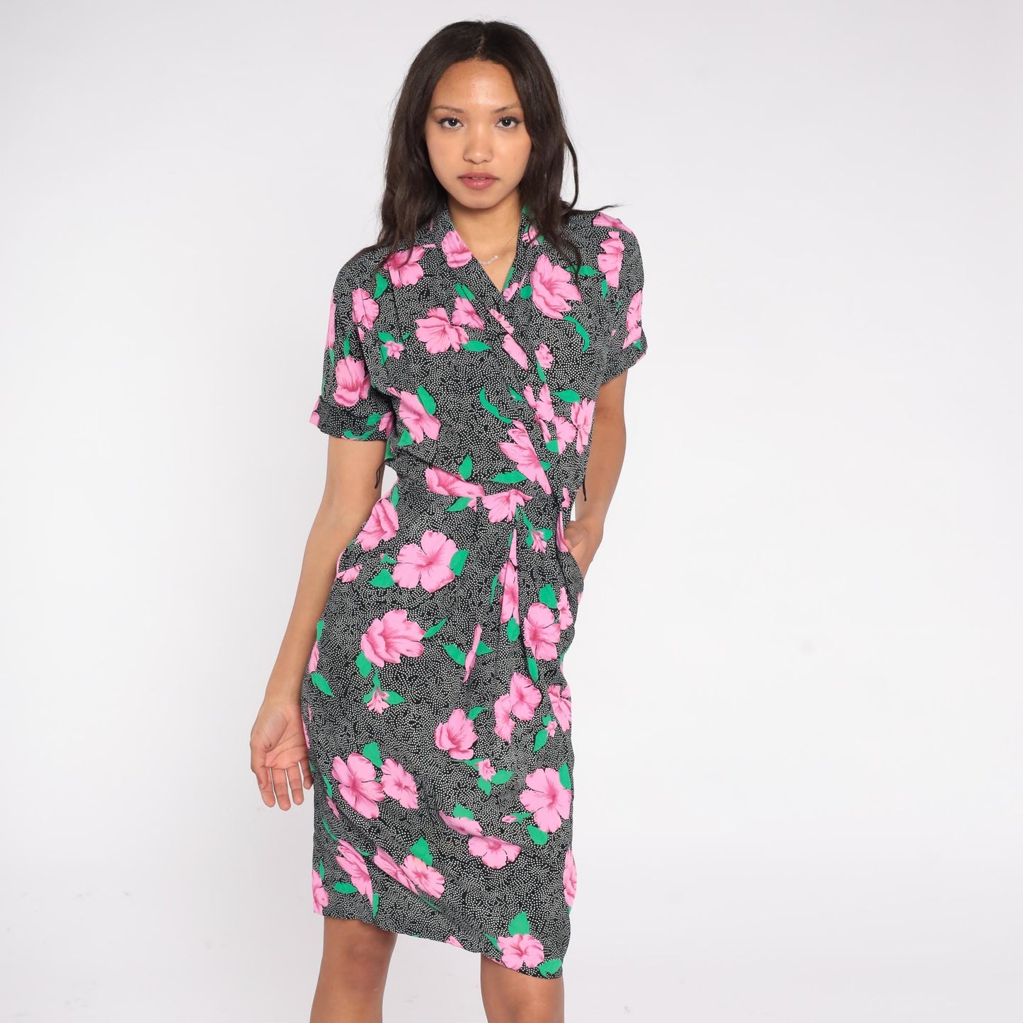 90s Jackie Bernard Floral Wrap Dress Pink Hibiscus Black Knee Length Small