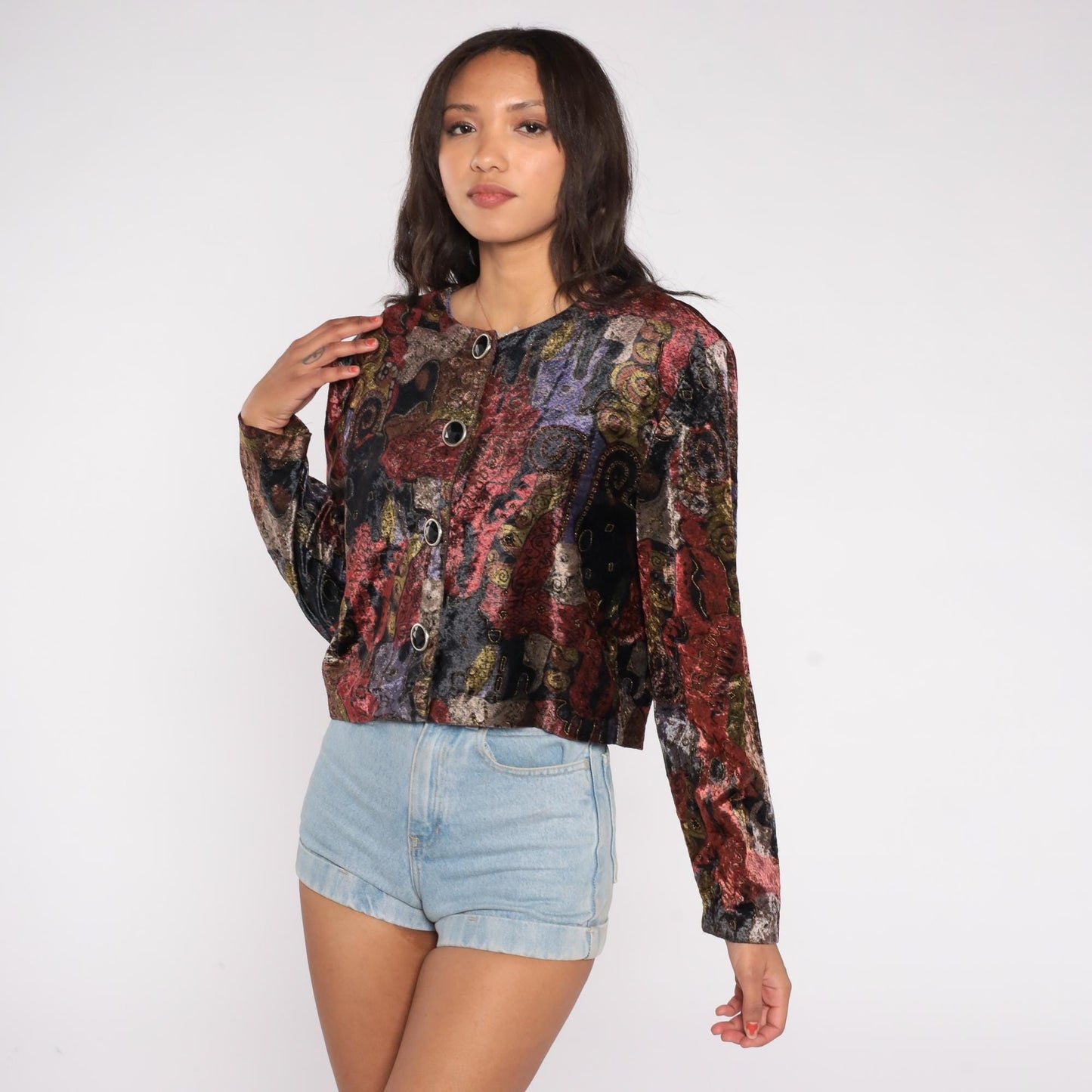 90s Options Melrose Cropped Jacket Abstract Art Pattern Burgundy Purple Gold Black Medium