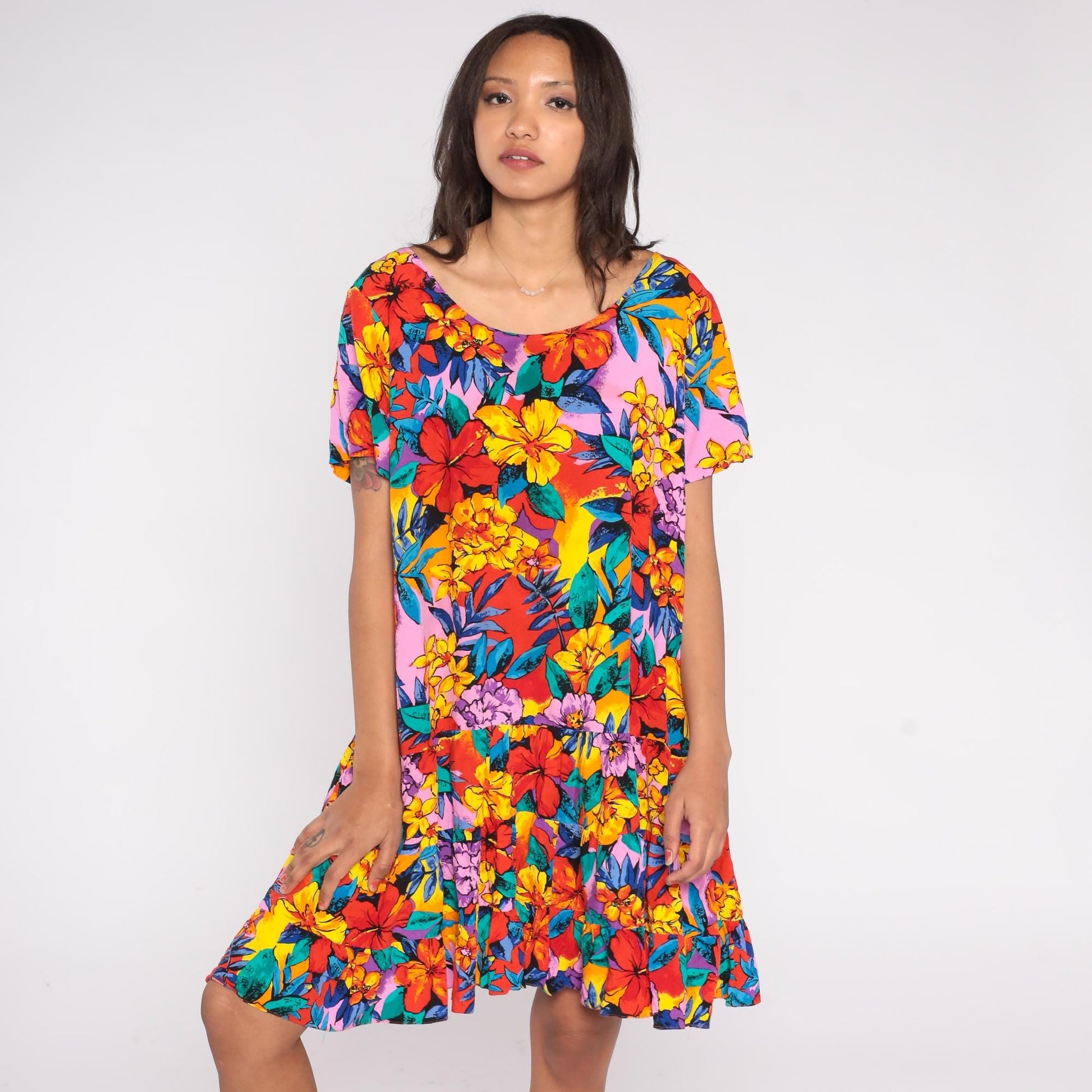 90s Tropical Floral Mini Dress Hibiscus Print Drop Waist Ruffle Medium M