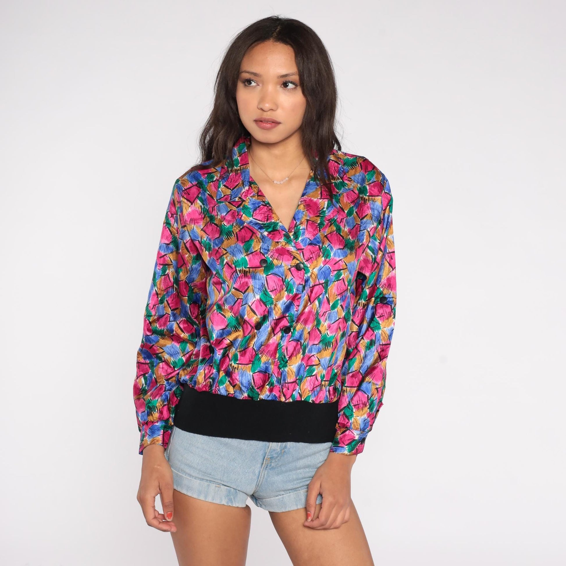 80s Petite Notations Geometric Abstract Blouse Hot Pink Blue Green Gold Black Medium