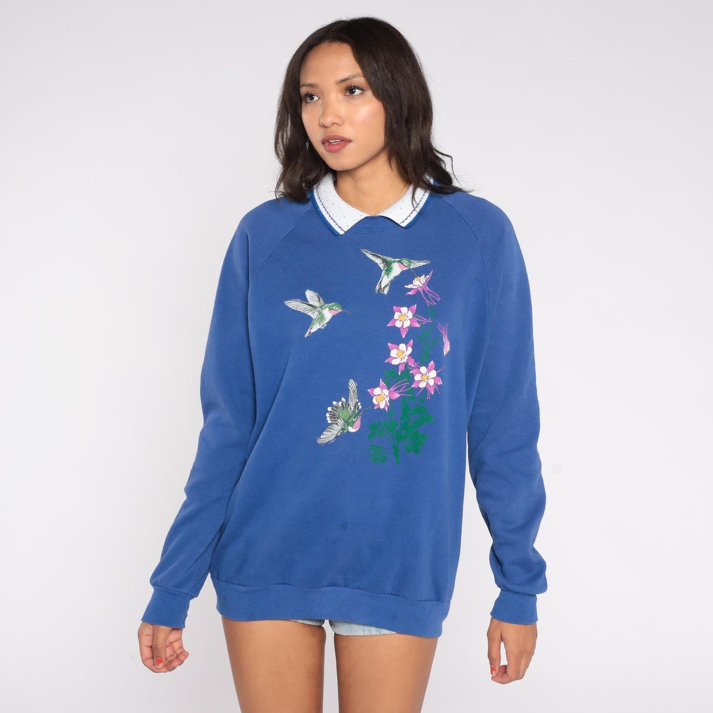 90s Hummingbird Columbine Floral Sweatshirt Blue Cotton Blend Collared Extra Large XXL