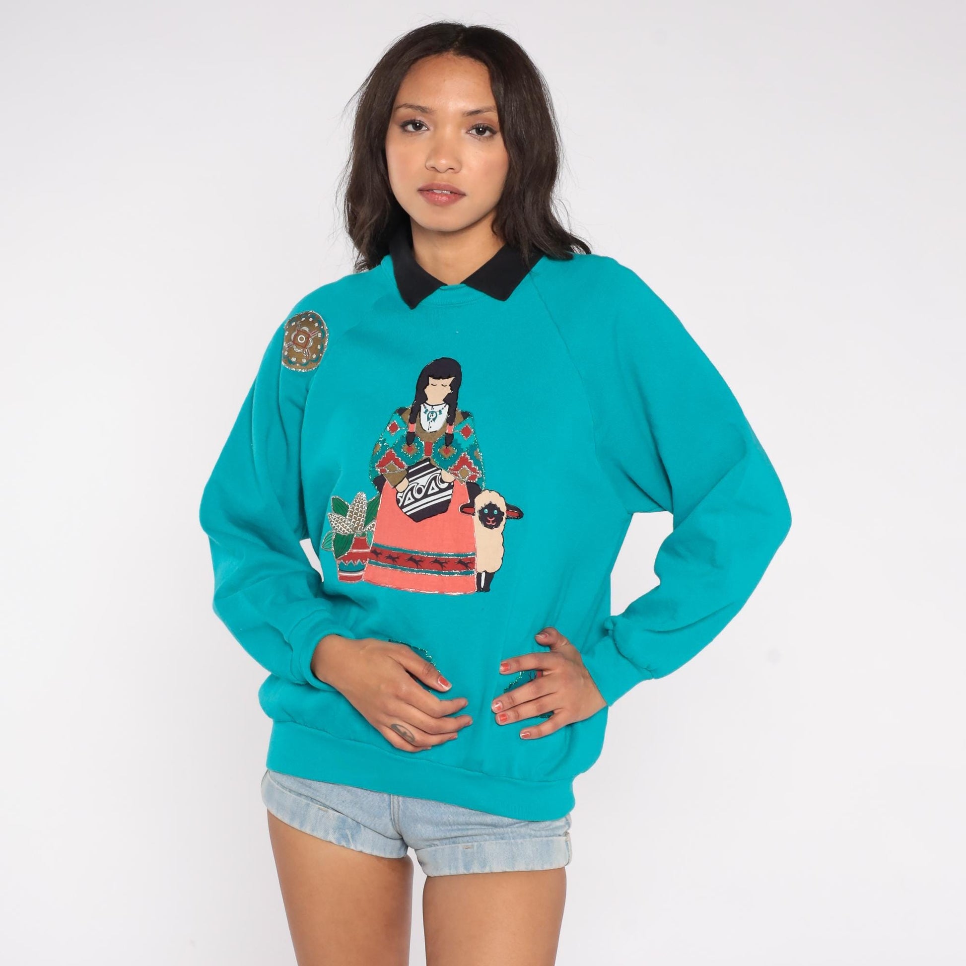 90s Southwestern Collared Sweatshirt Turquoise Native American Applique Large L