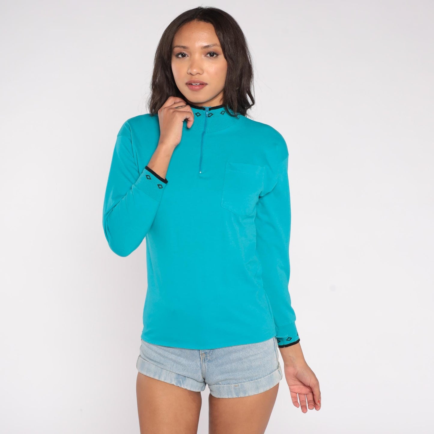 90s Tulip Turquoise Half-Zip Knit Pullover Aztec Geometric Collar Extra Small XS