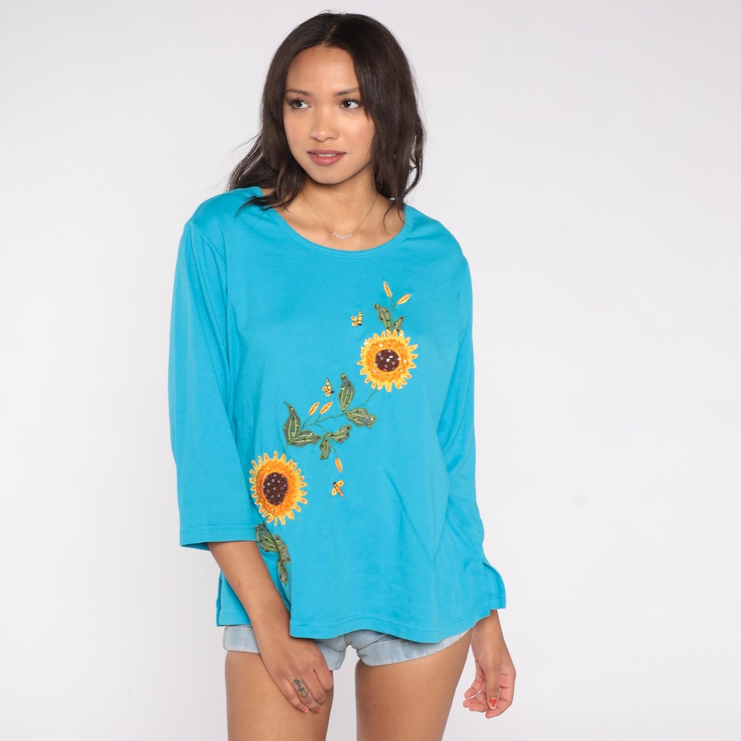 90s Sunflower Bee Embroidered Turquoise Cotton Knit Top Long Sleeve Extra Large XL