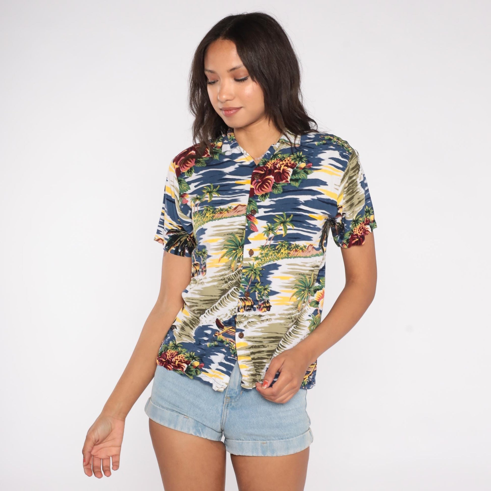 Y2K Hilo Hattie Hawaiian Shirt Island Print Button Front Medium