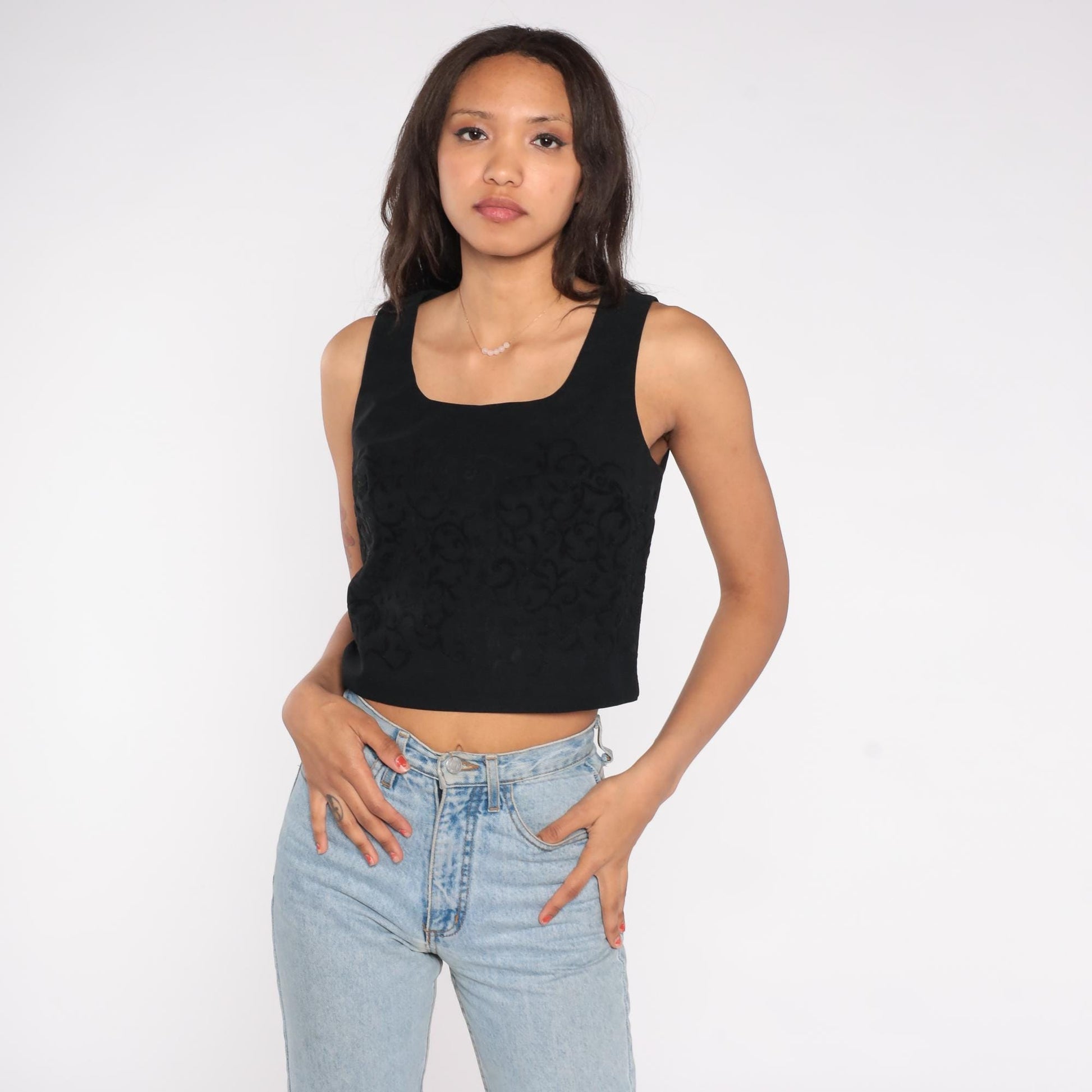 90s XOXO Black Jacquard Crop Top Square Neck Sleeveless Medium M