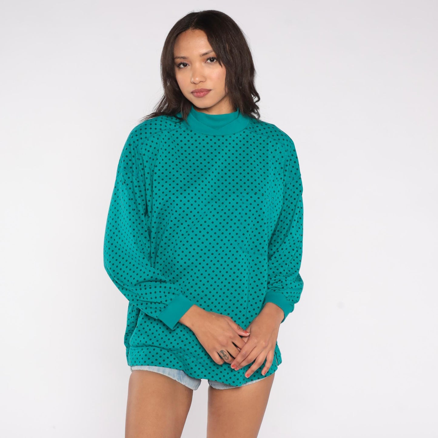 90s Victoria Jones Teal Polka Dot Mock Neck Sweatshirt Cotton Blend Large L