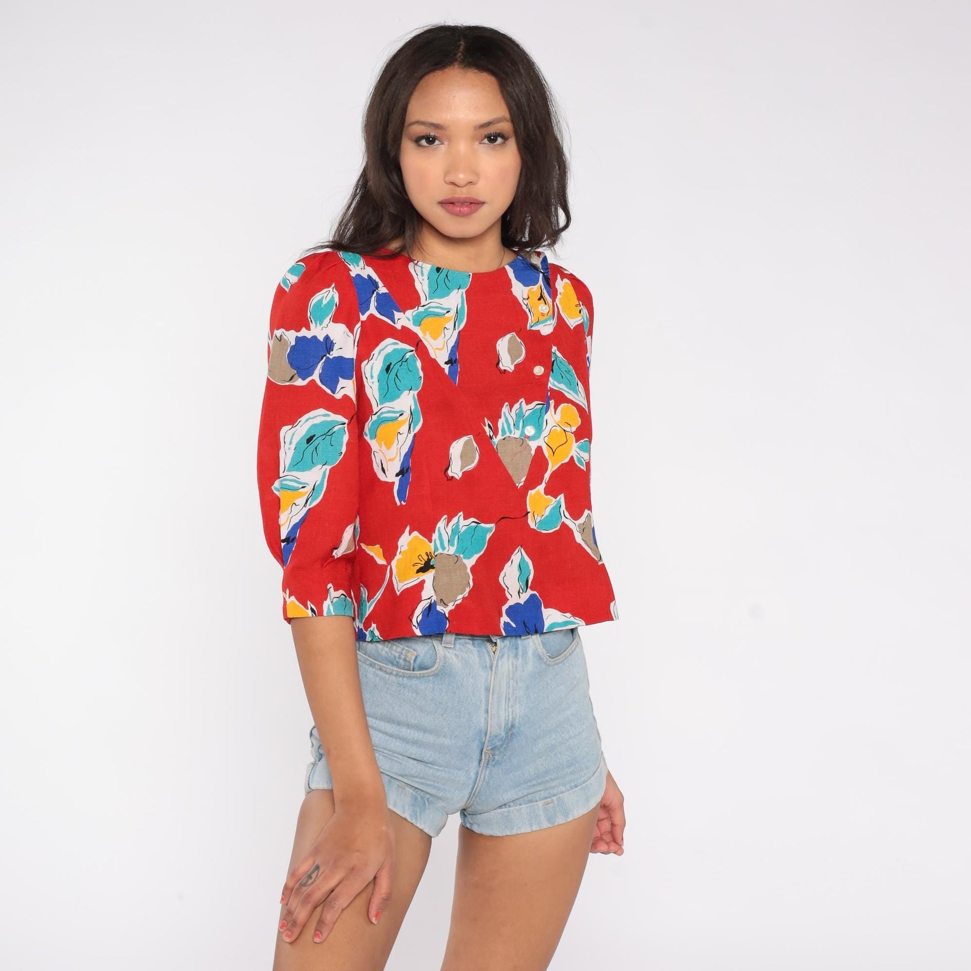 80s Abstract Floral Button Blouse Red Teal Yellow Puff Sleeve Extra Small XS