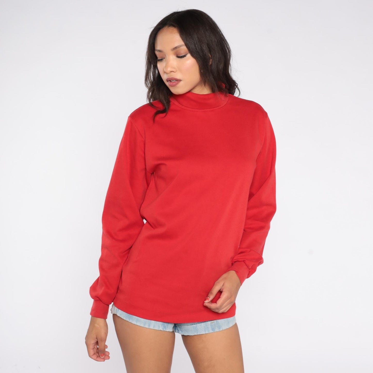 80s SKYR Red Mock Neck Sweatshirt Cotton Lycra Long Sleeve Large L