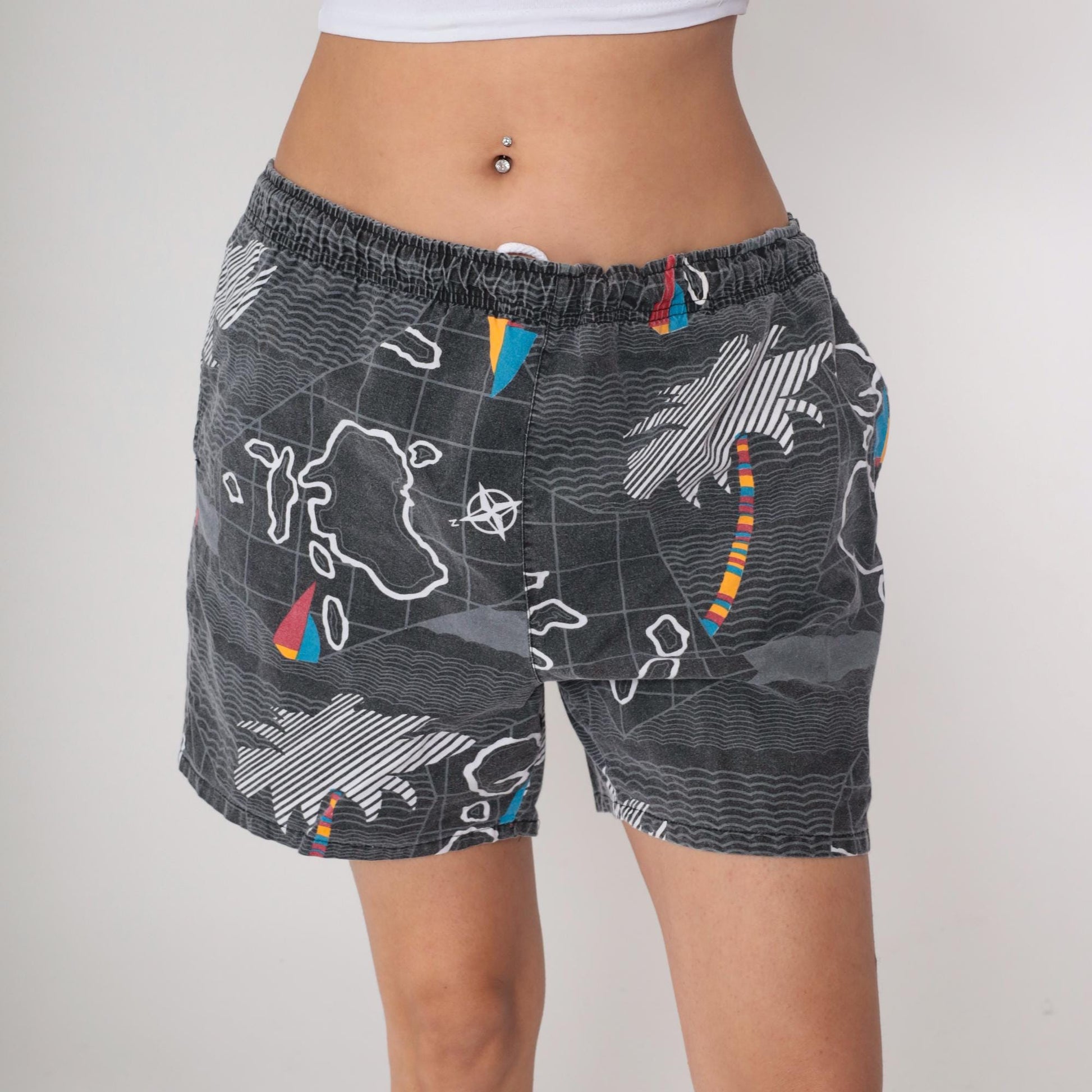 90s Blair Map Print Cotton Swim Trunks Grey Island Graphic Large L