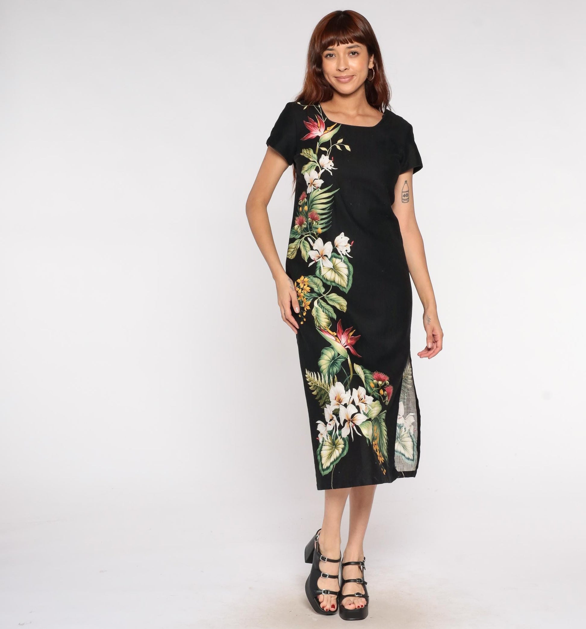 Young Hawaii Black Tropical Floral Midi Dress Bird of Paradise Cotton Small S