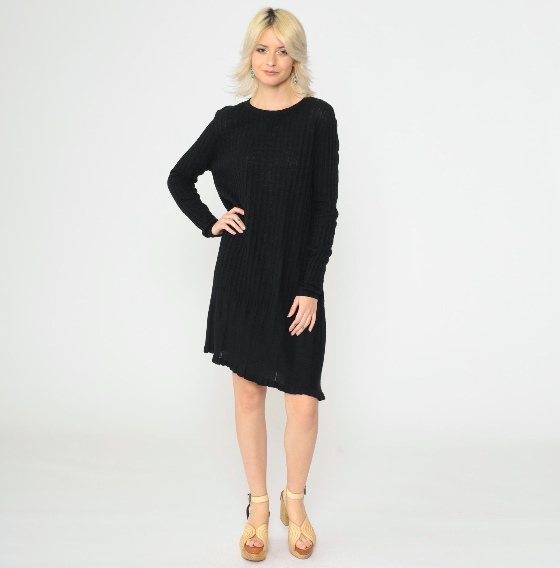 90s K Studio Black Ribbed Knit Sweater Dress Scalloped Hem Large