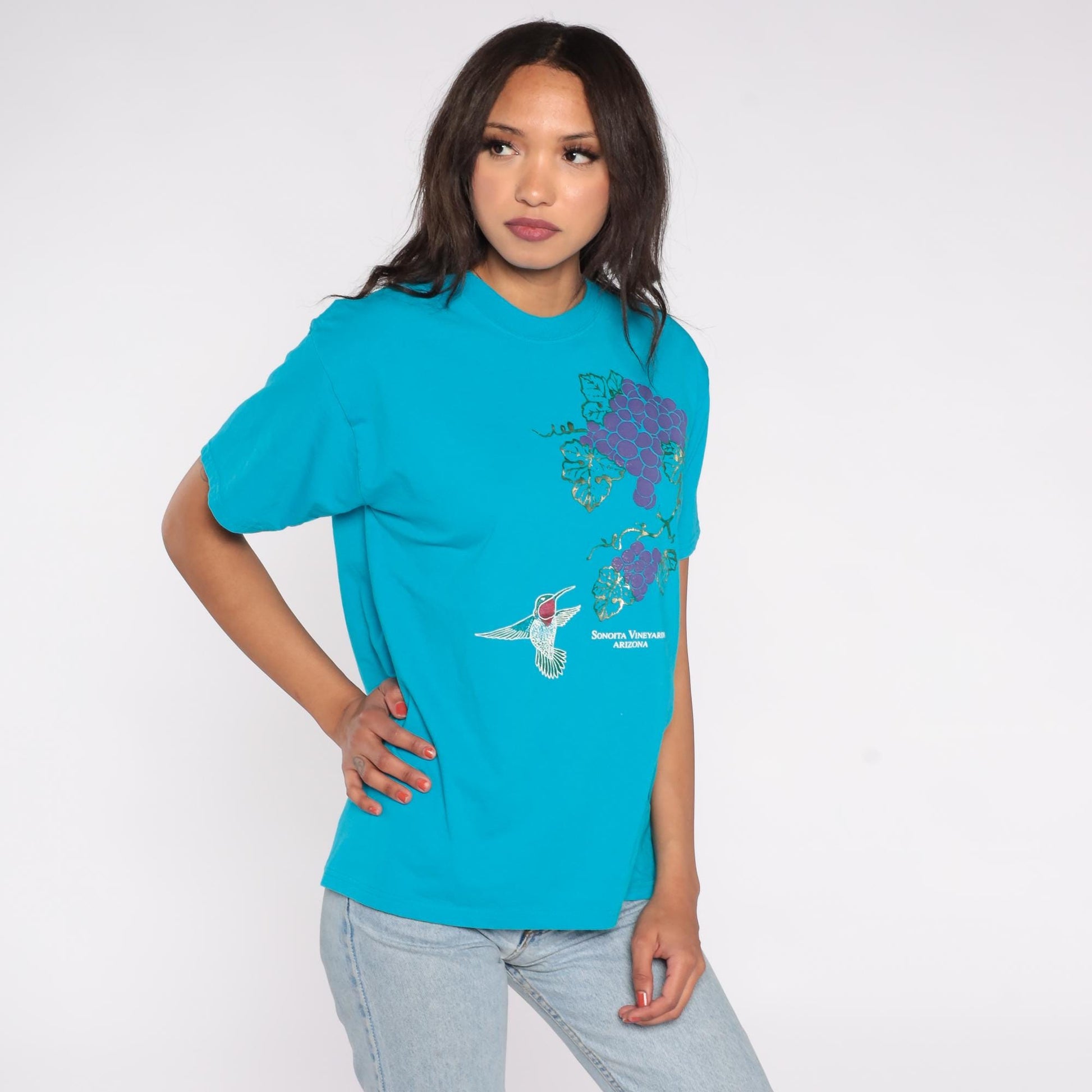 90s Sonoita Arizona Vineyards Graphic Tee Turquoise Hummingbird Purple Grapes Medium M