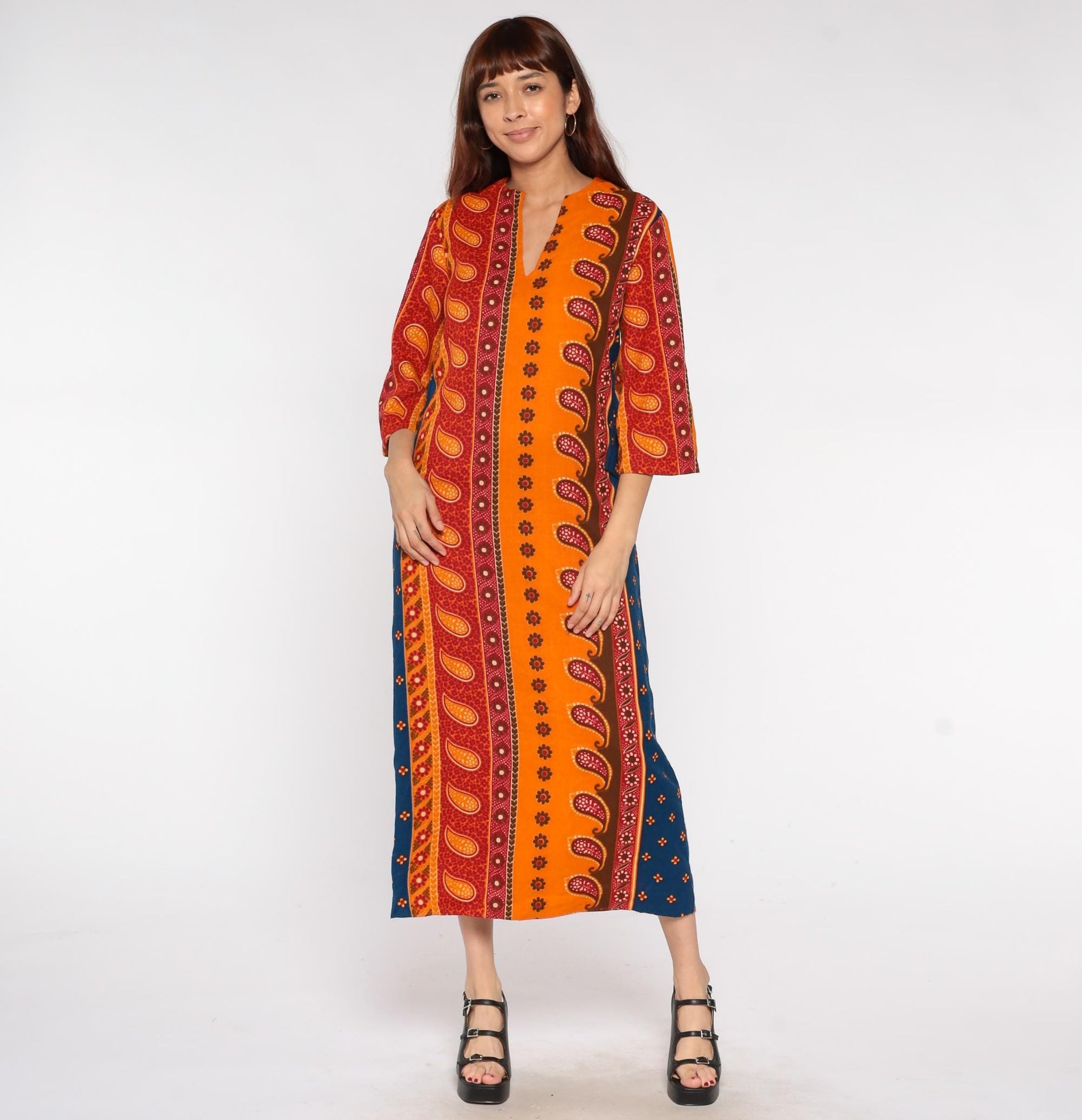 70s Caftan Dress Orange Blue Paisley Indian Print V-Neck Maxi Small
