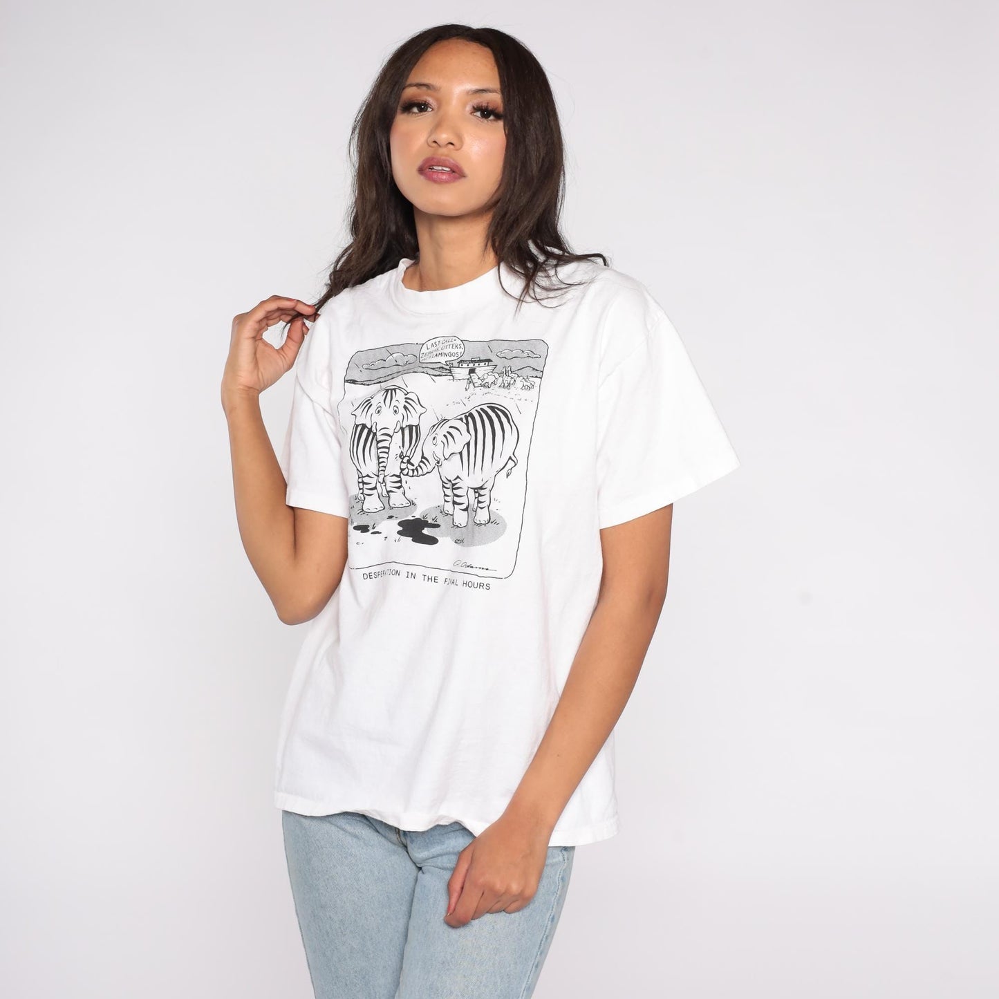 80s Noah's Ark Elephant Zebra Graphic T-Shirt Cotton Funny Animal Tee Large L