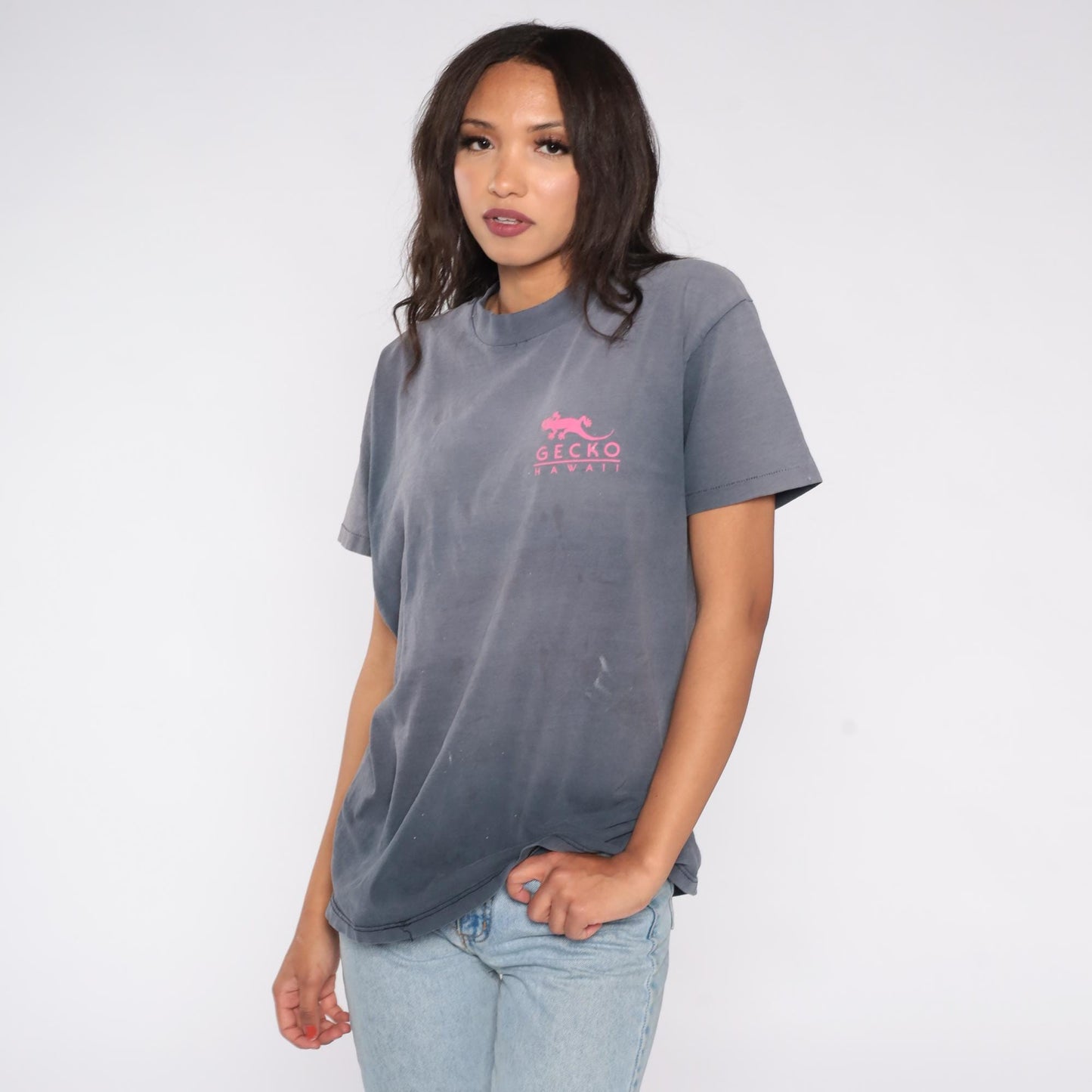 90s Gecko Hawaii Surf Tee Gray Neon Graphic Cotton Large L