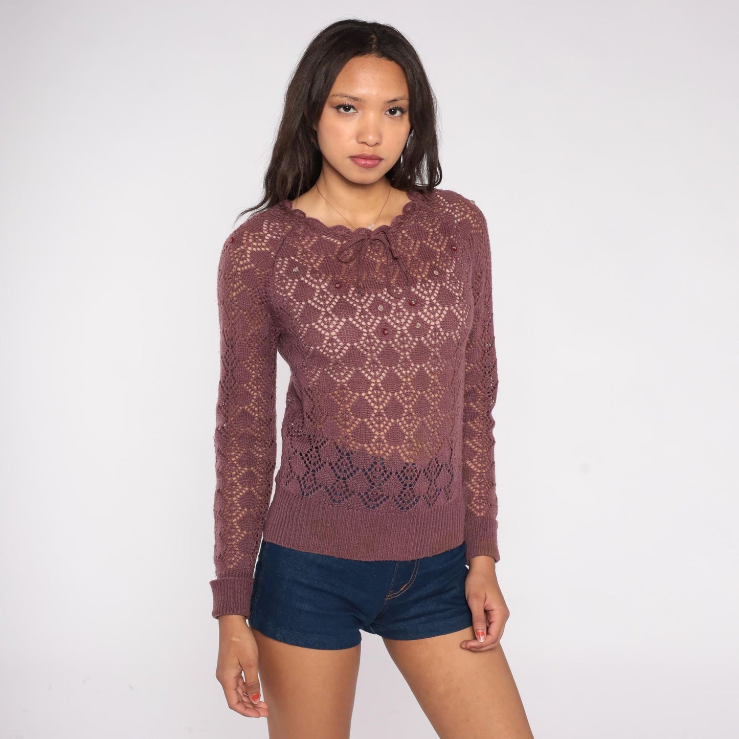 80s Purple Mauve Open Knit Crochet Pullover Scalloped Neckline Small S