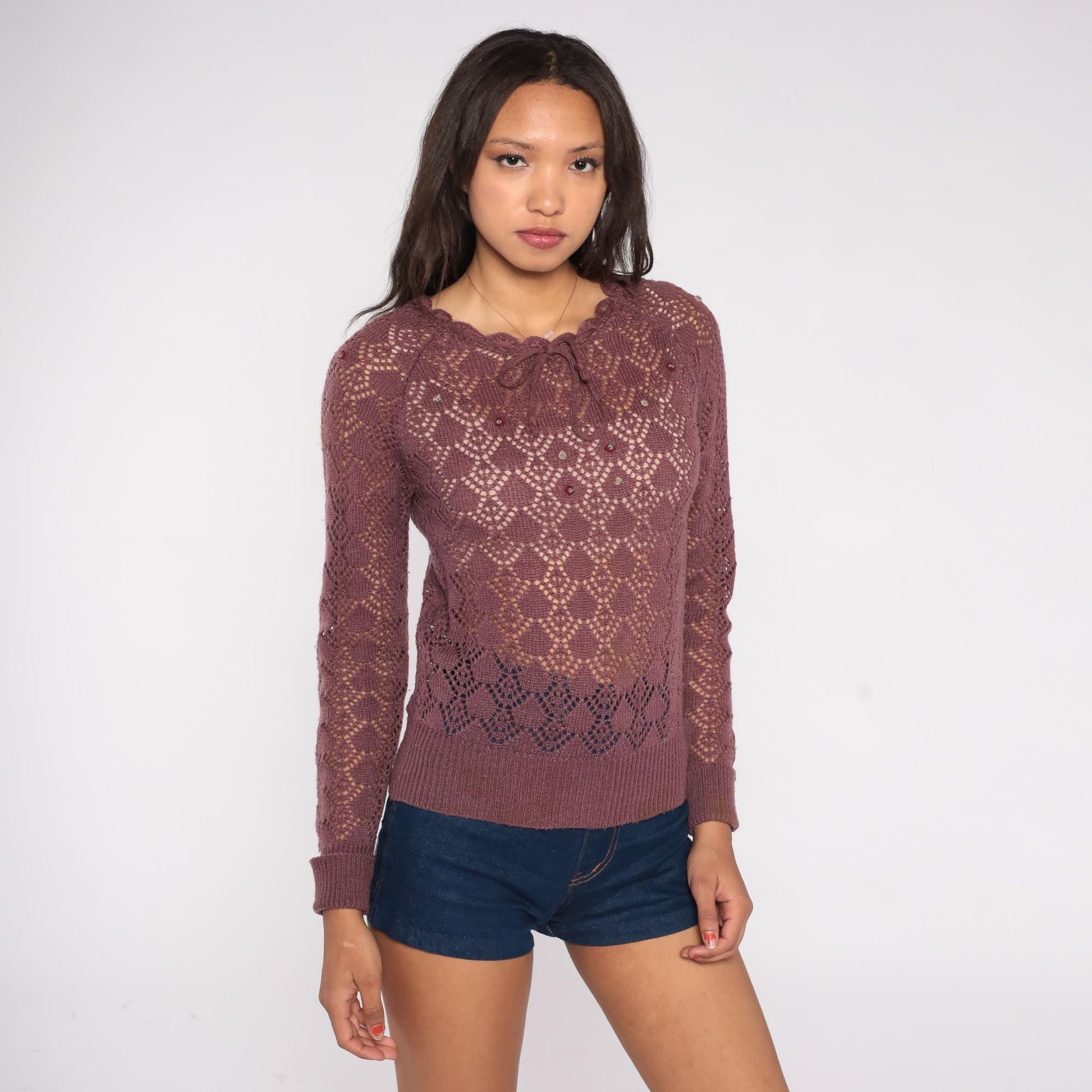 80s Purple Mauve Open Knit Crochet Pullover Scalloped Neckline Small S