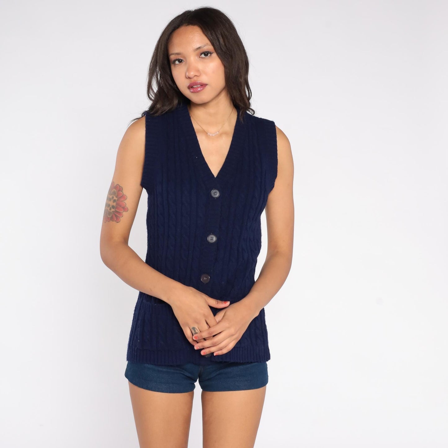 70s Dayne Taylor Navy Cable Knit Sweater Vest V-Neck Pockets Medium