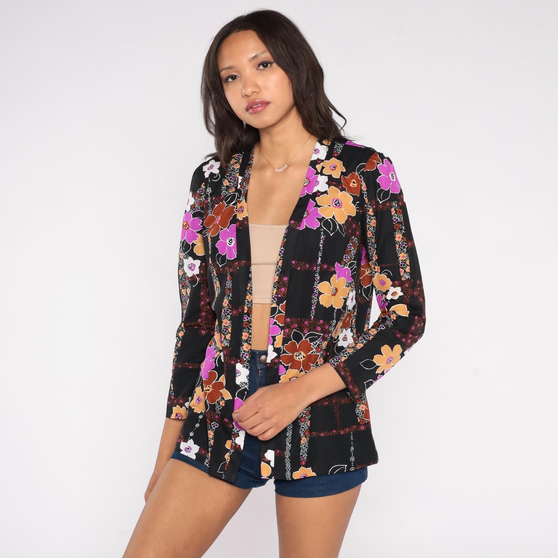 70s Floral Blazer Black Pink Orange Brown Flowers Open Front Small