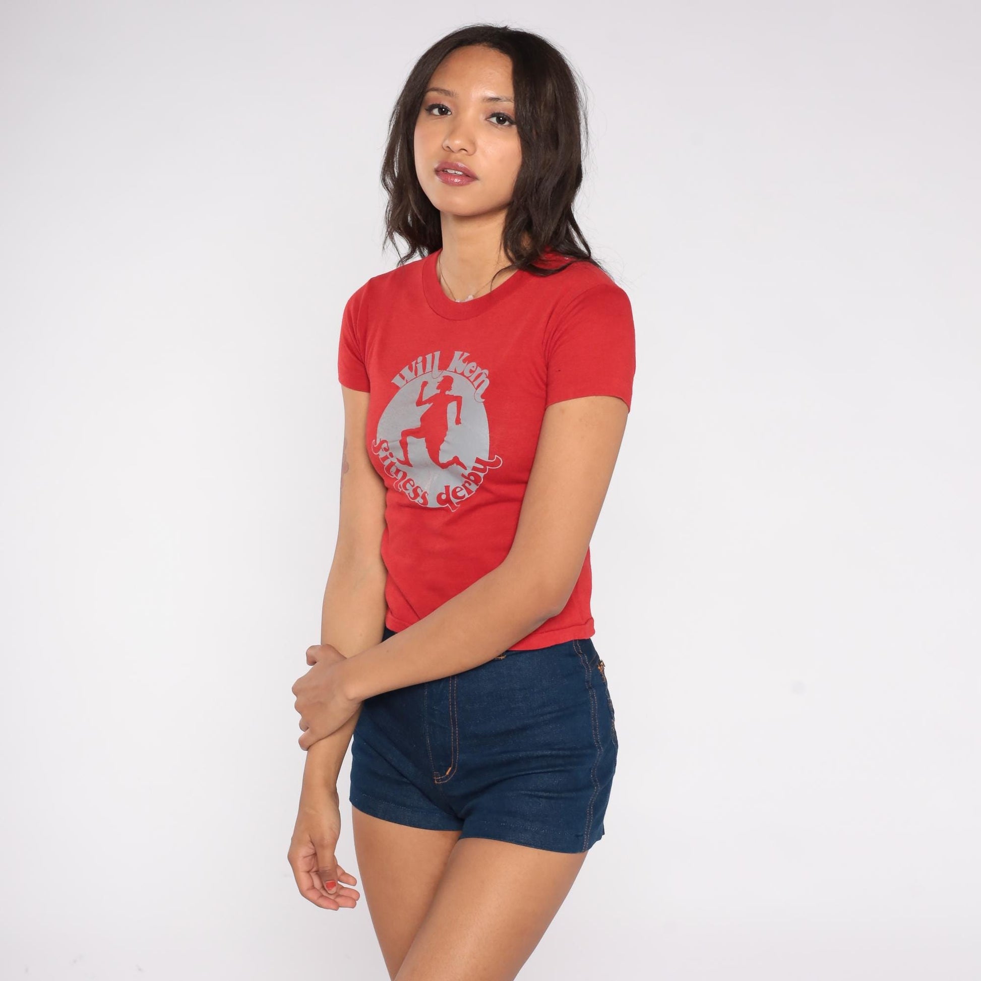 80s Will Kern Fitness Derby Graphic T-Shirt Red Silver Crewneck Extra Small XS