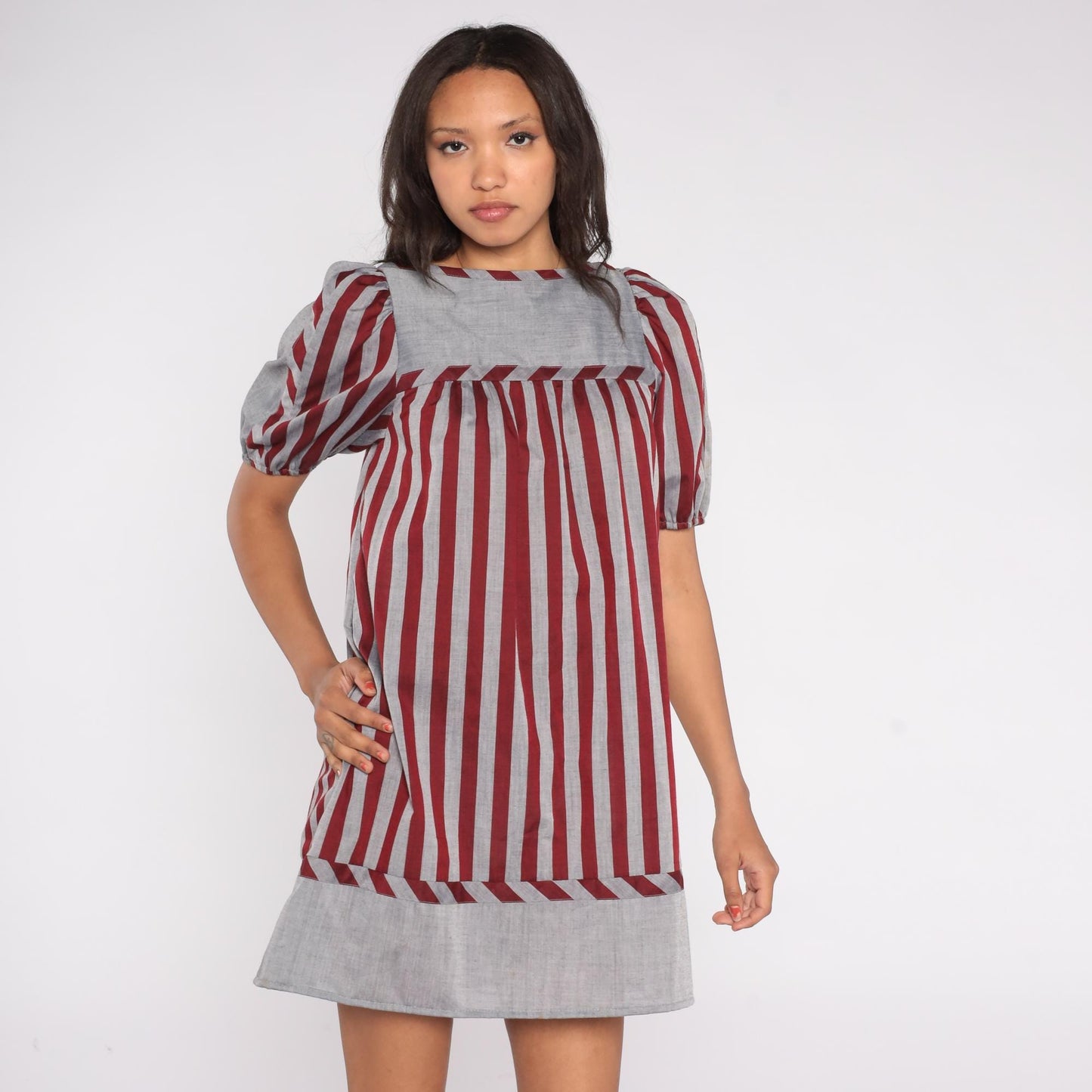 80s Mako Hawaii Striped Mini Dress Puff Sleeve Square Neck Red Grey Small