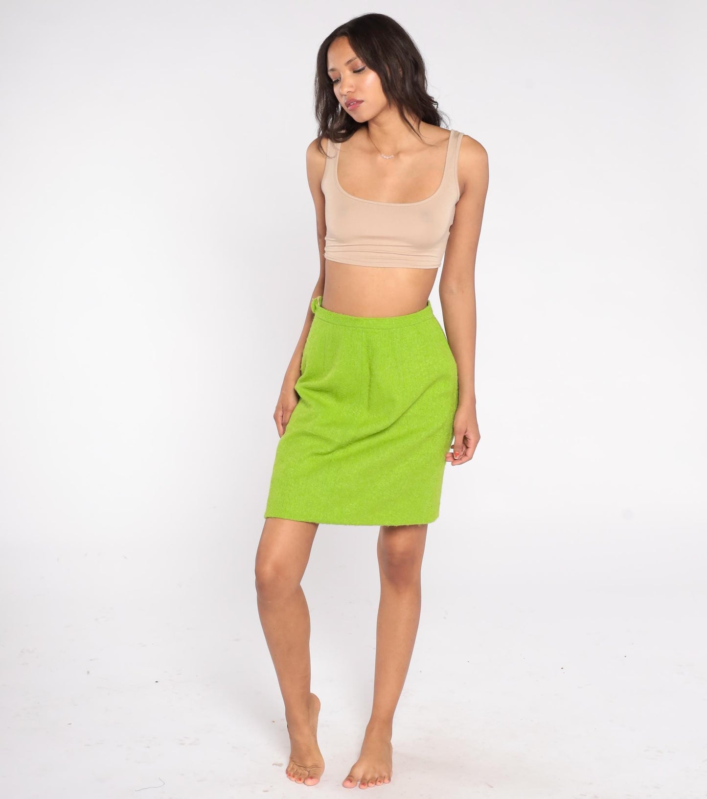 60s Lime Green Wool Blend Skirt High Waist Knee Length Sheath Small