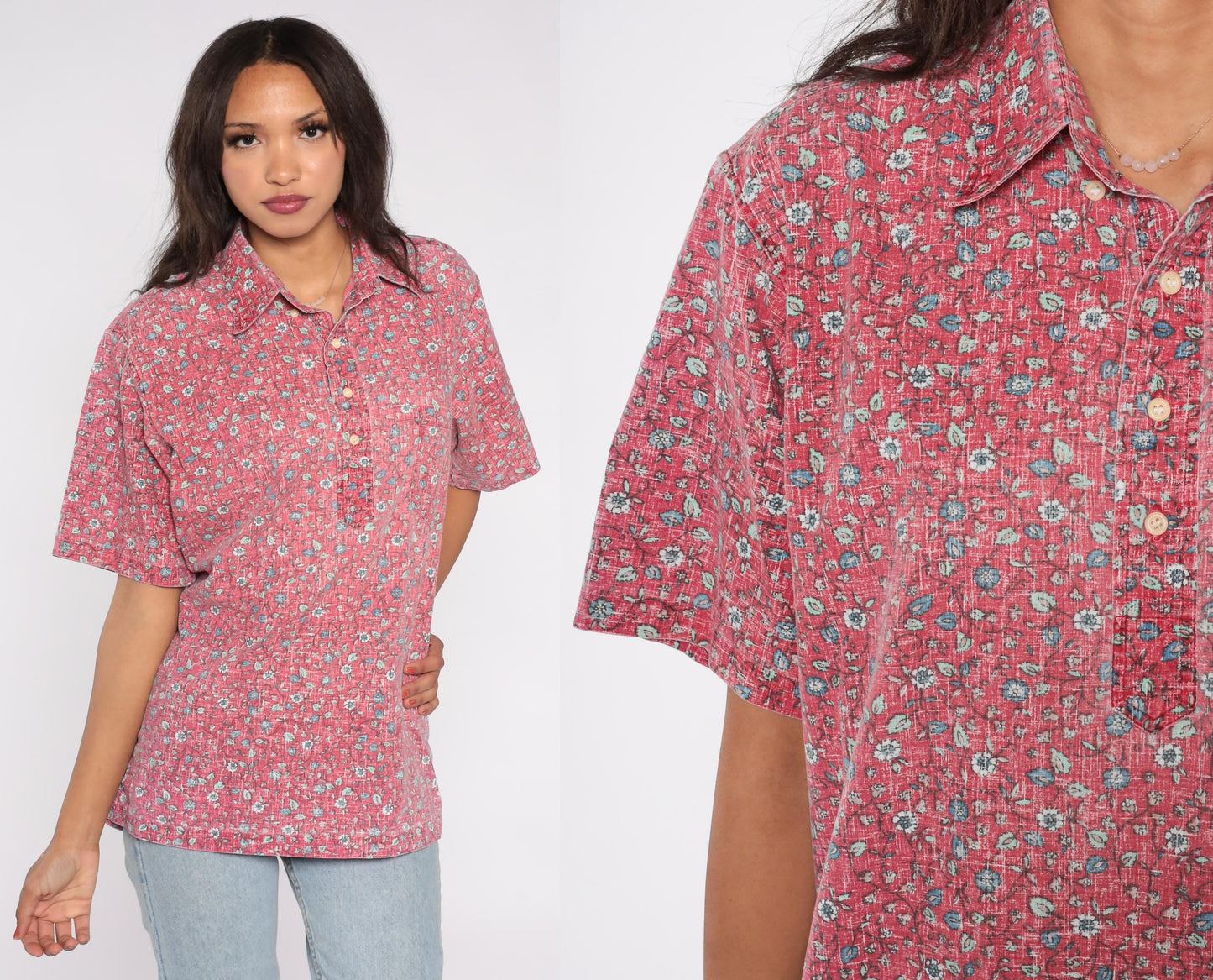 90s Reyn Spooner Hawaiian Shirt Pink Floral Button Down Cotton Medium