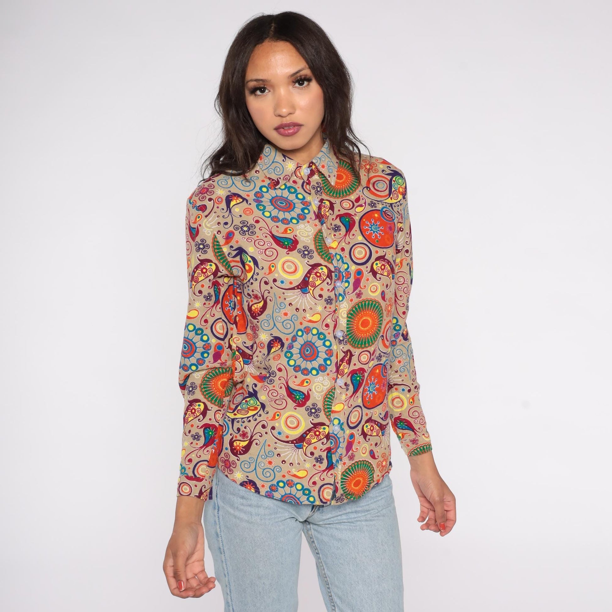 Y2K Psychedelic Button Down Shirt Beige Paisley Swirl Cotton Small S