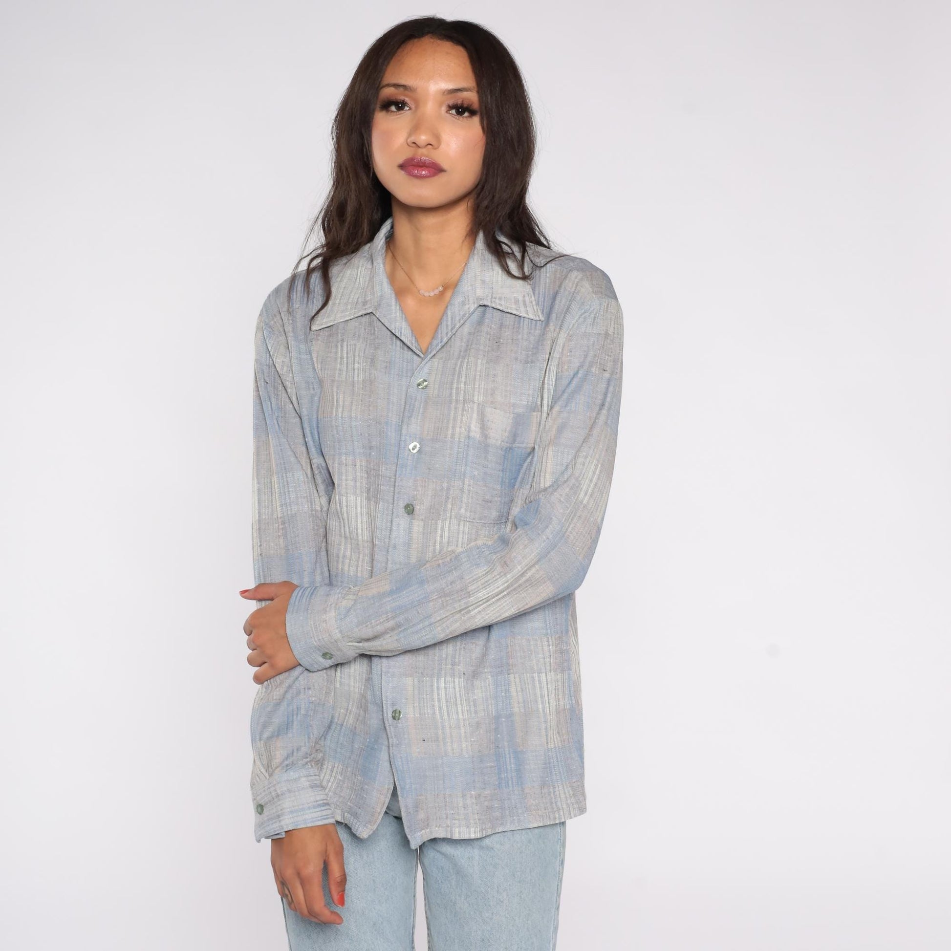 70s Joel Plaid Button-Down Shirt Blue Grey Polyester Long Sleeve Extra Large XL