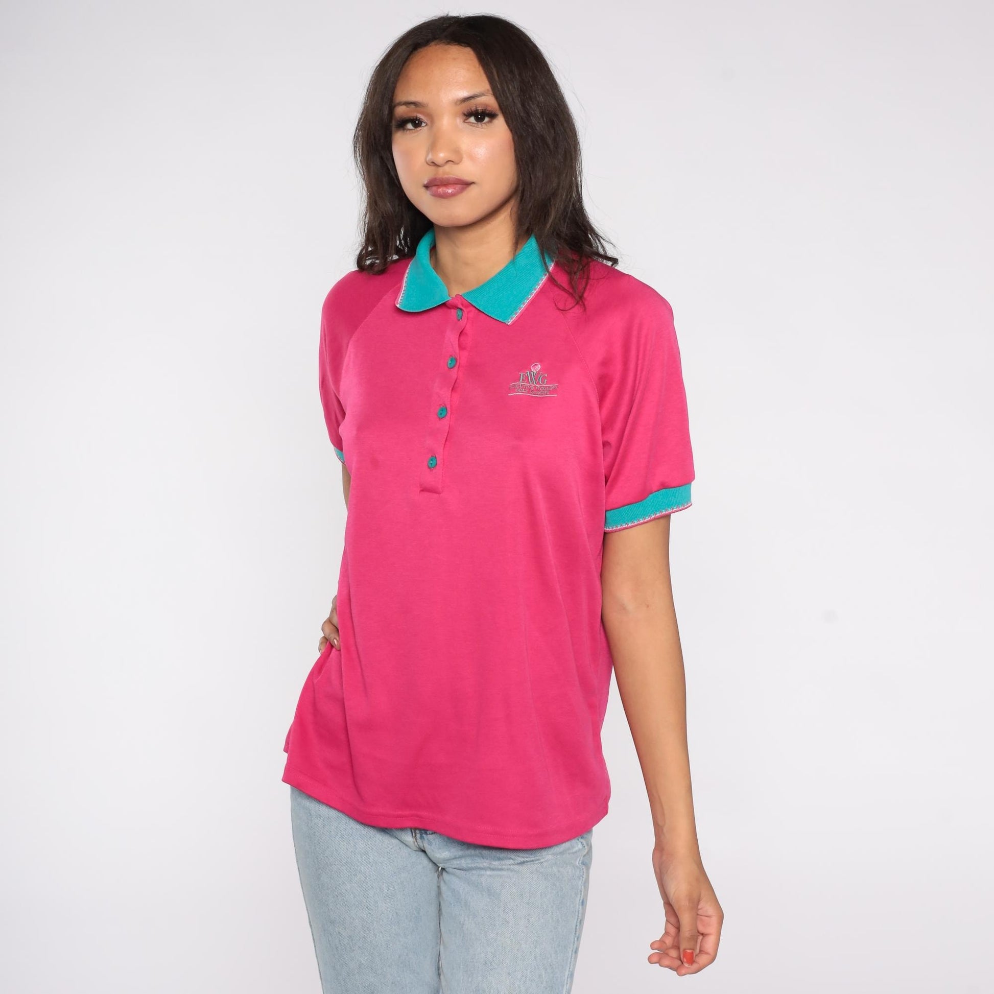 90s Bette & Court Hot Pink Polo Shirt Teal Trim Golf EWG Large L