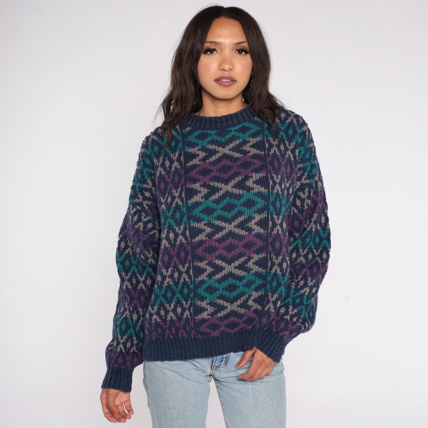 90s Patrick James Geometric Diamond Sweater Navy Teal Purple Cotton XL