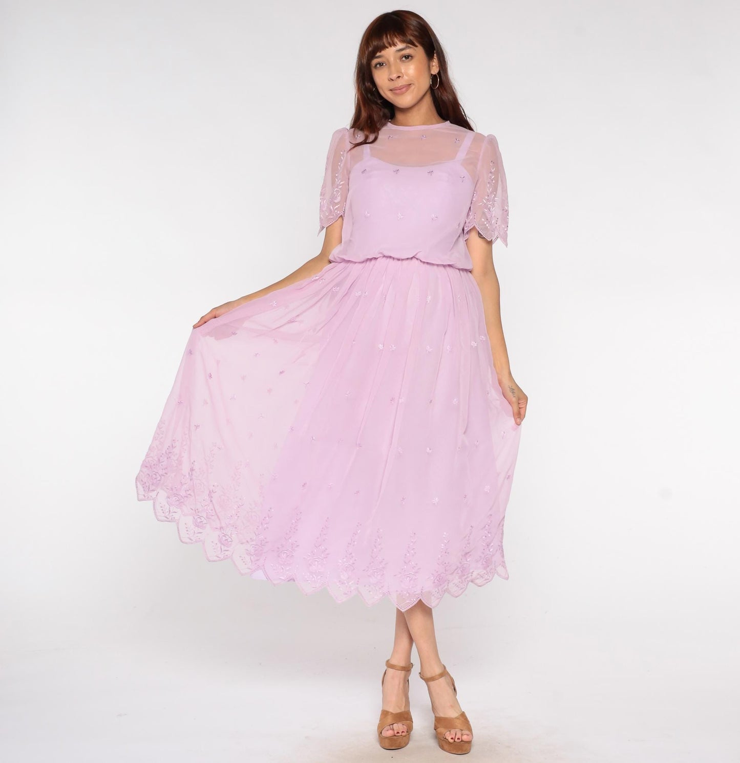 70s Lavender Prairie Dress Sheer Embroidered Midi Floral Scalloped Small