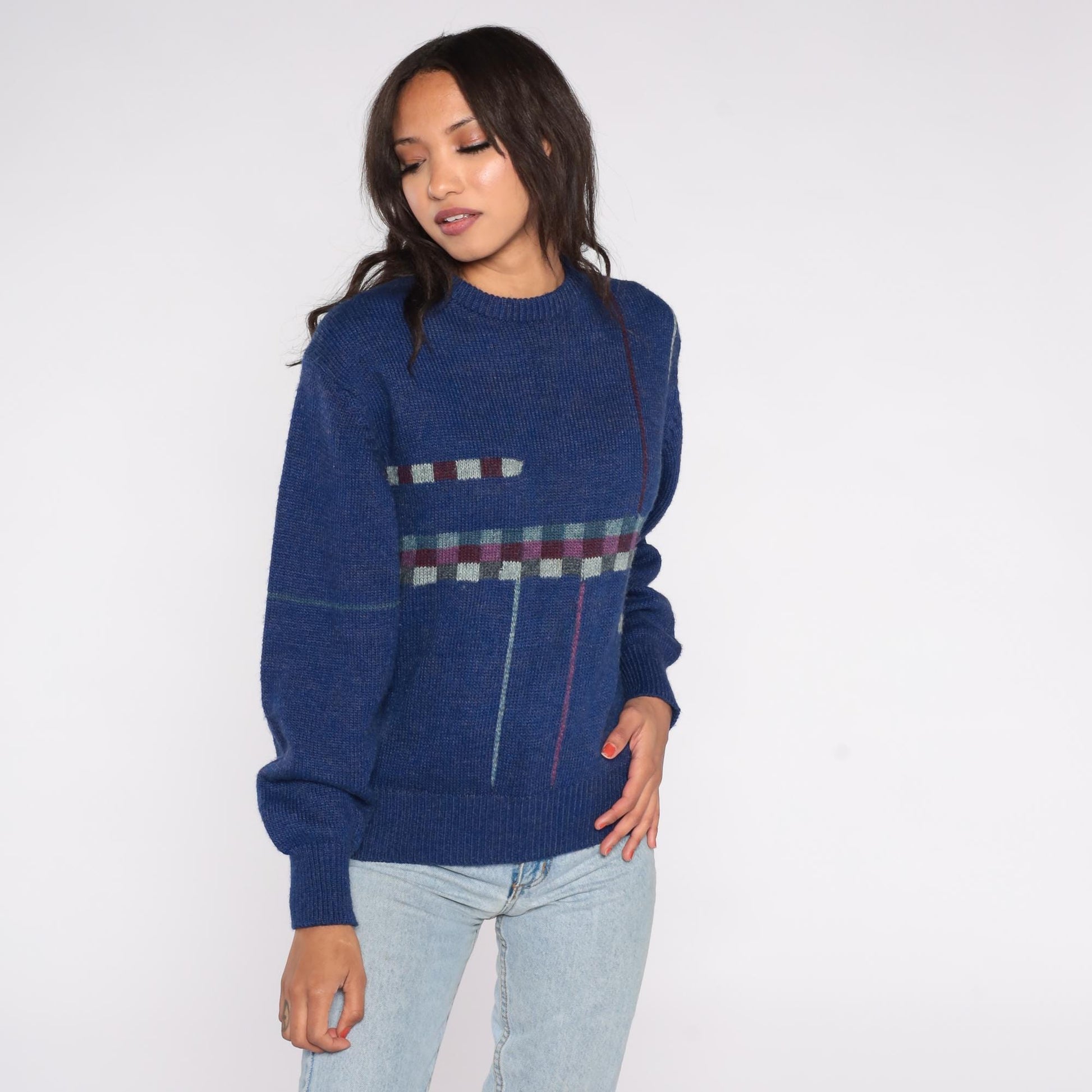 80s Navy Wool Blend Sweater Abstract Geometric Pattern Crewneck Medium