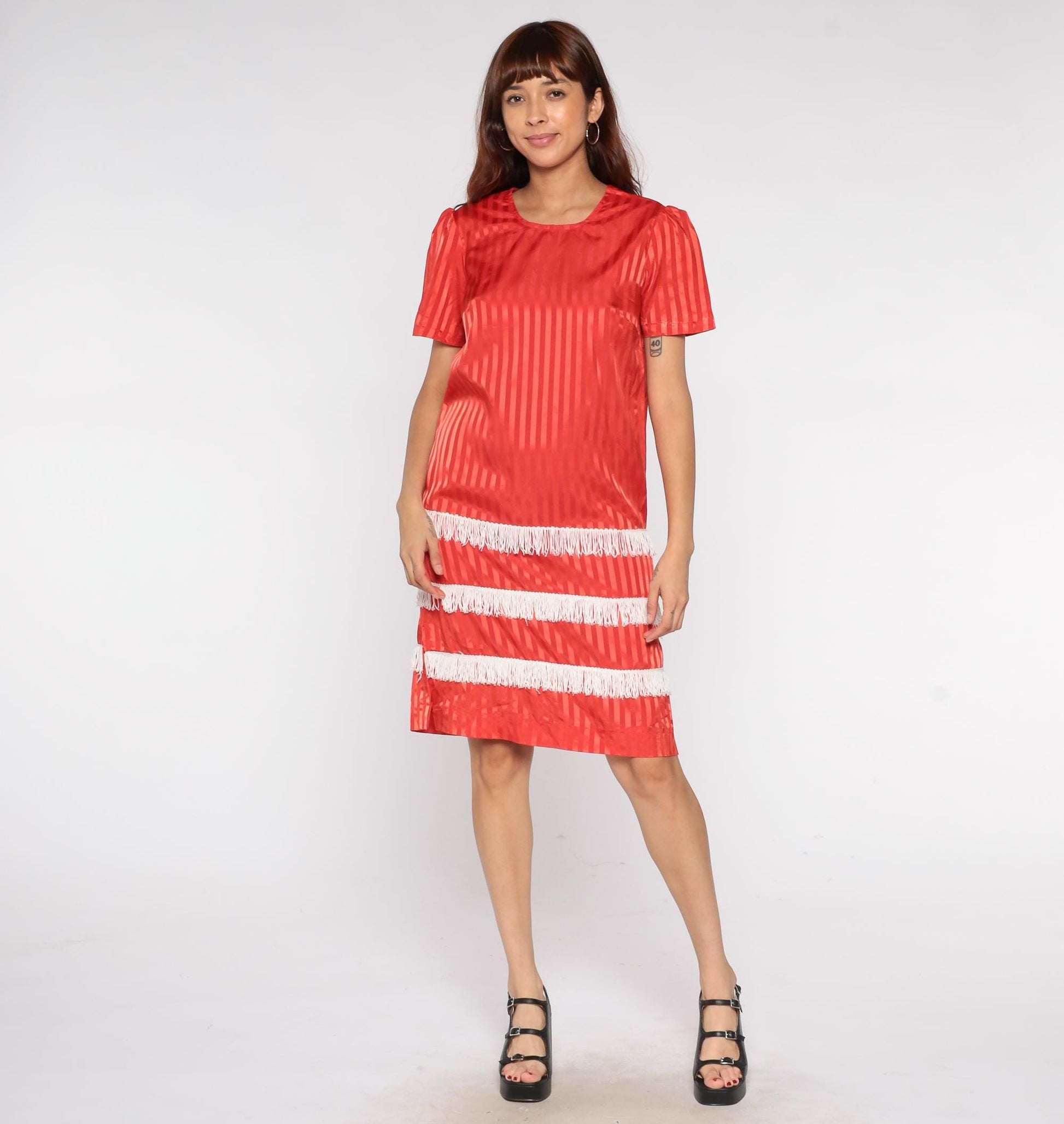 60s Red Satin Striped Shift Dress White Fringe Trim Mini XS