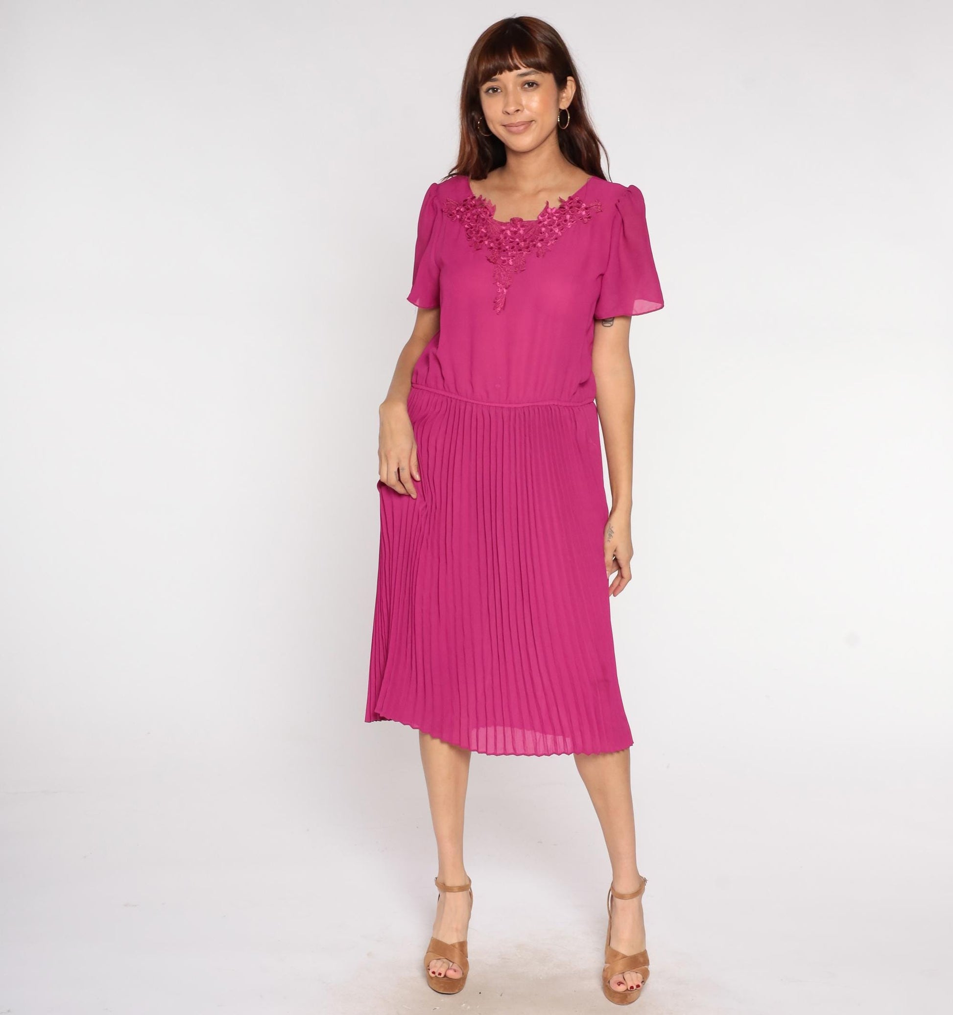 80s Mona Liza Magenta Pleated Midi Dress Puff Sleeve Floral Lace Large