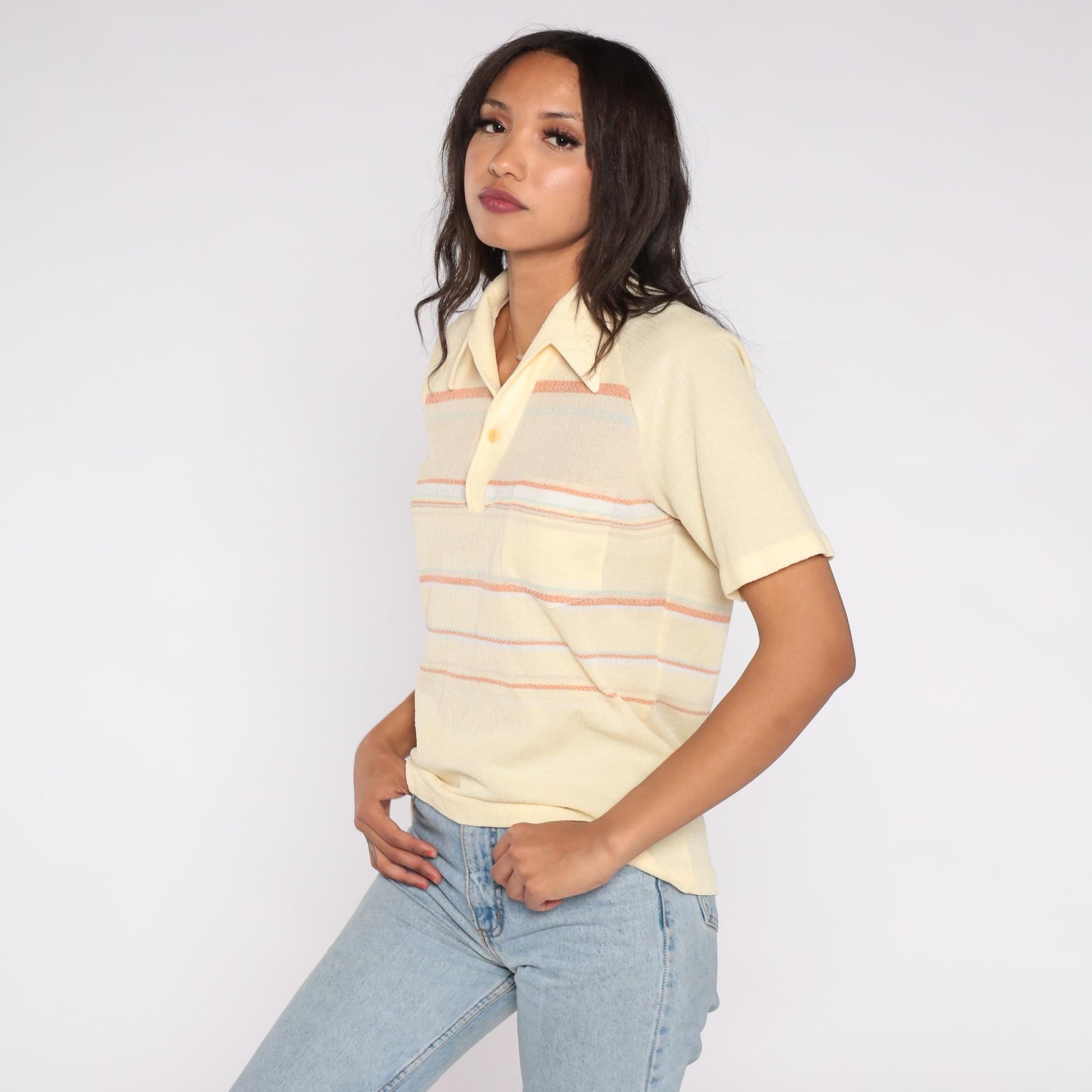 70s Charisma California Knit Polo Shirt Yellow Striped Collared Large