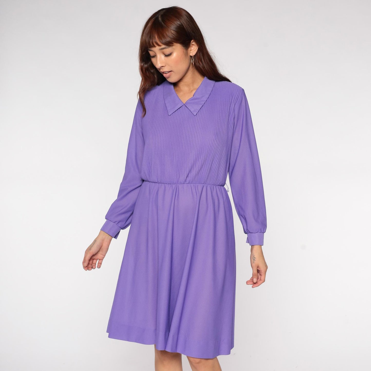 70s Ina Carol Lavender Pleated Collar Secretary Dress Long Sleeve Medium M