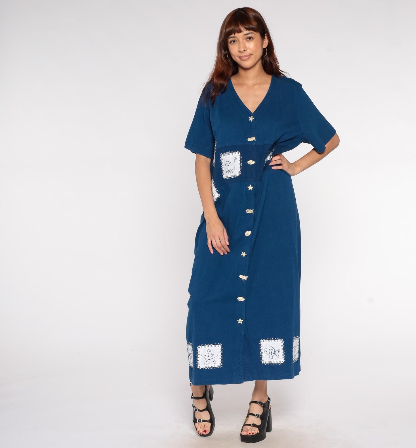Y2K Navy Caftan Cat Fish Embroidered Button Front Maxi Cotton XL