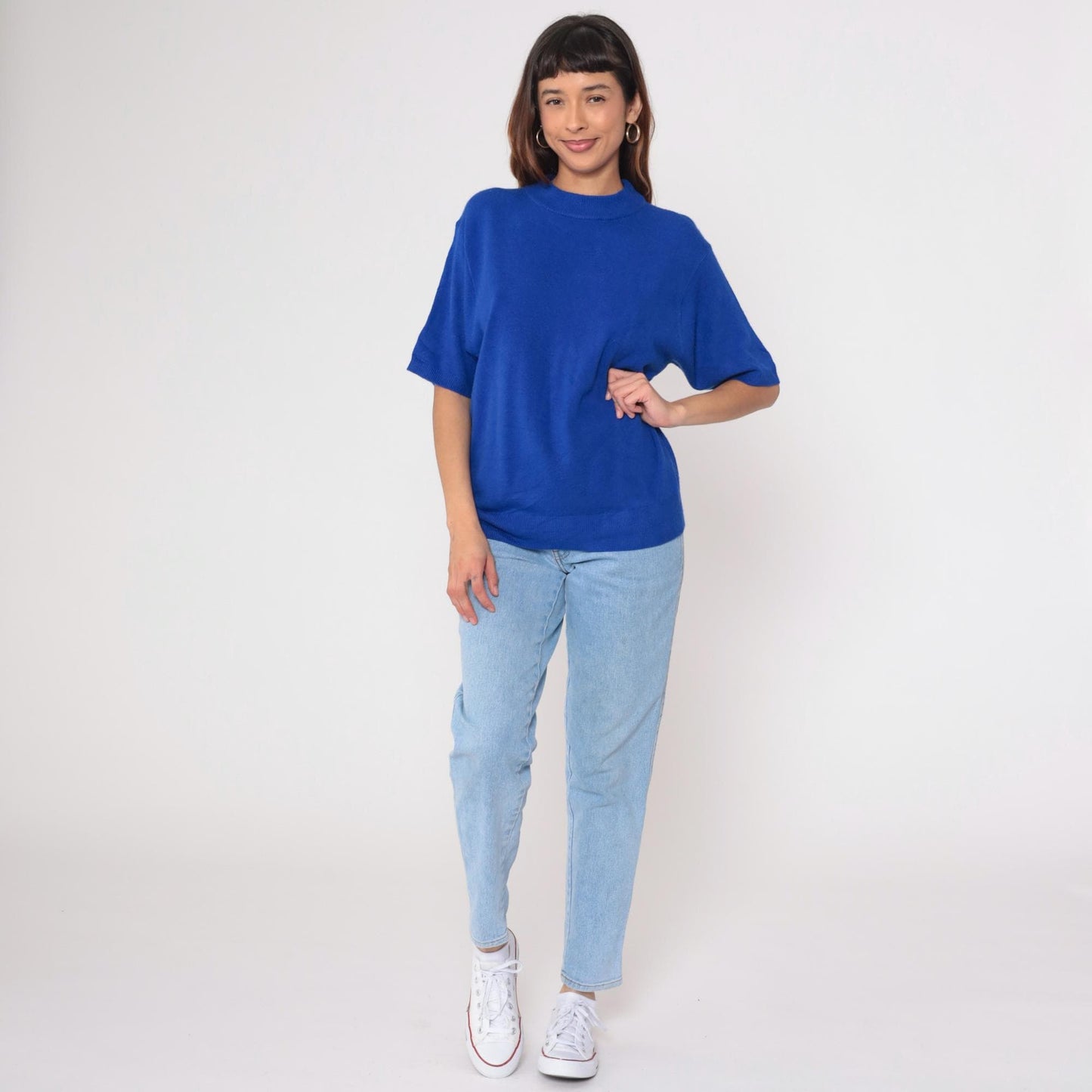 90s Royal Blue Crew Neck Short Sleeve Knit Sweater Large L
