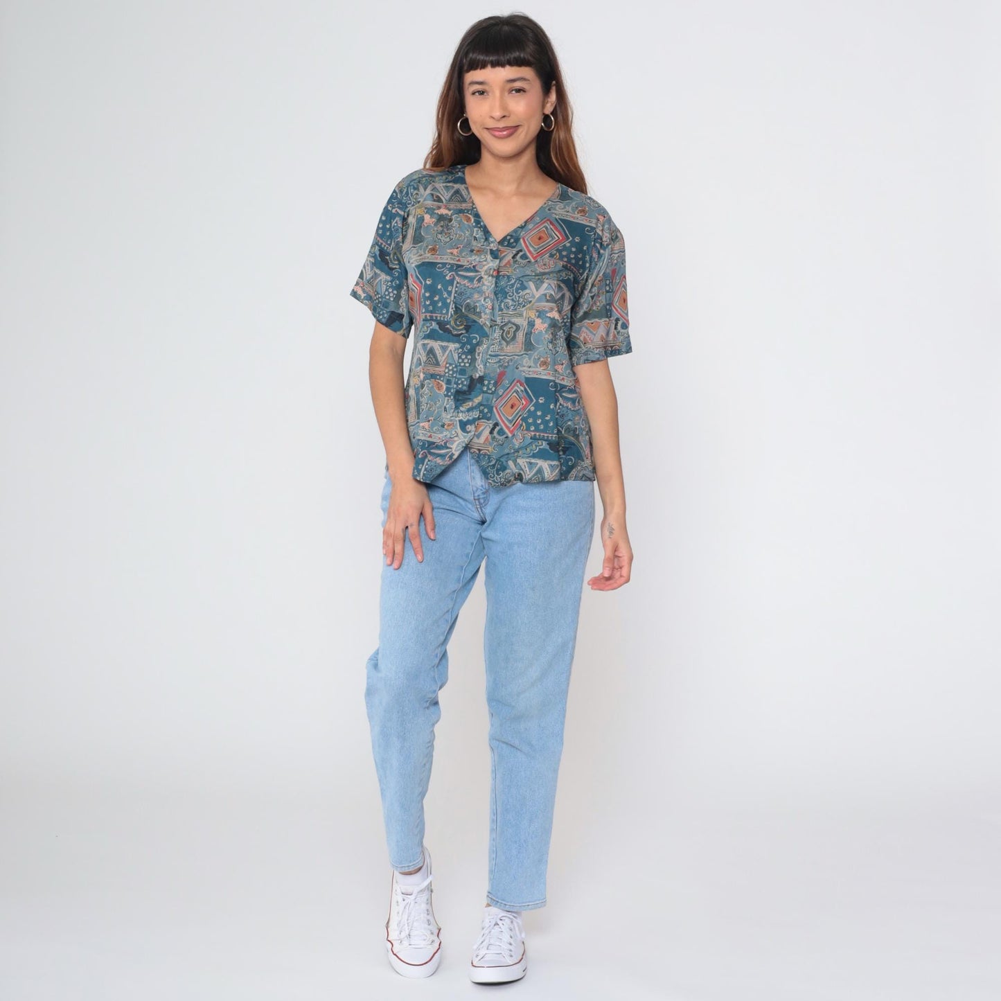 90s Stunt Petites Silk Blouse Blue Paisley Geometric Print V-Neck Short Sleeve Large