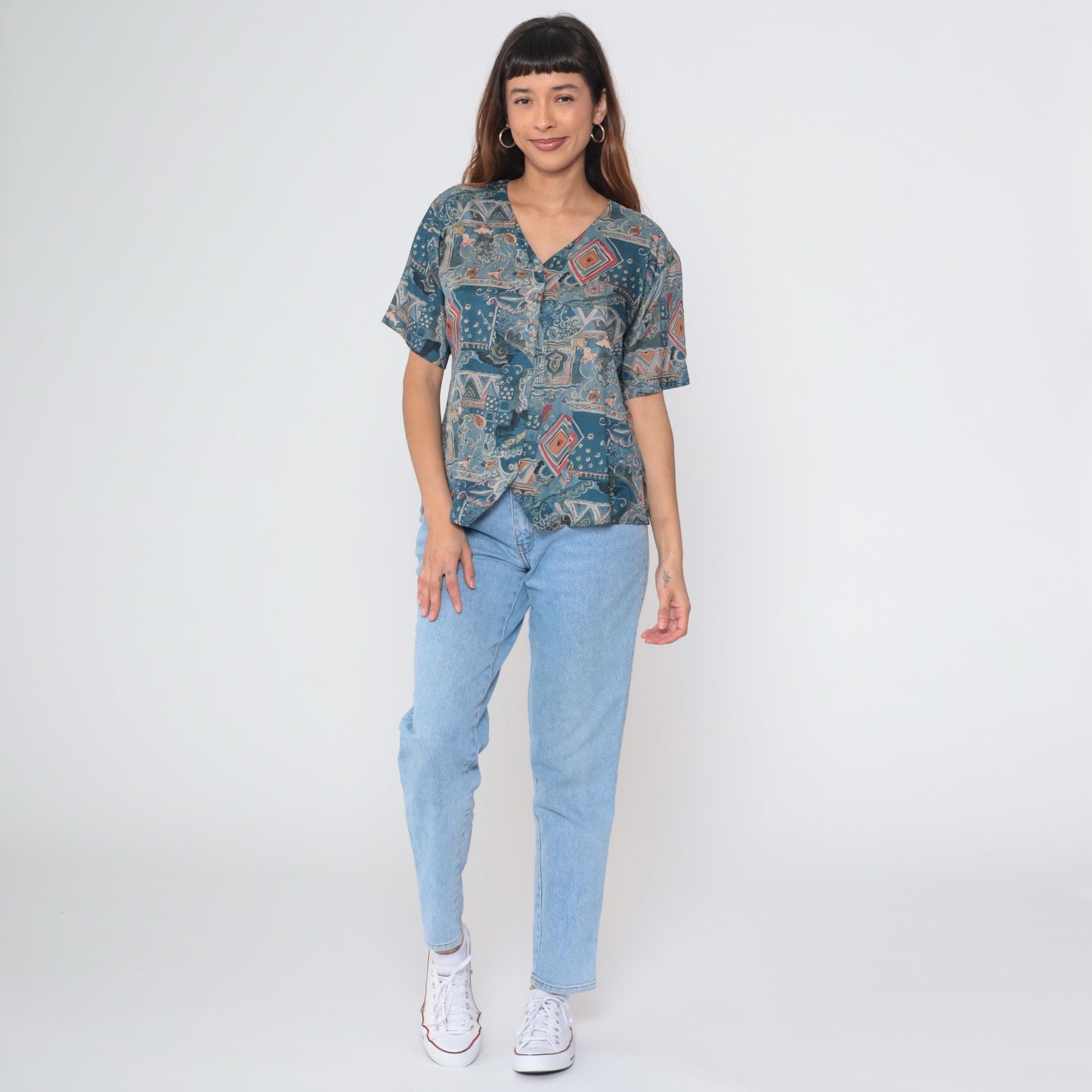 90s Stunt Petites Silk Blouse Blue Paisley Geometric Print V-Neck Short Sleeve Large