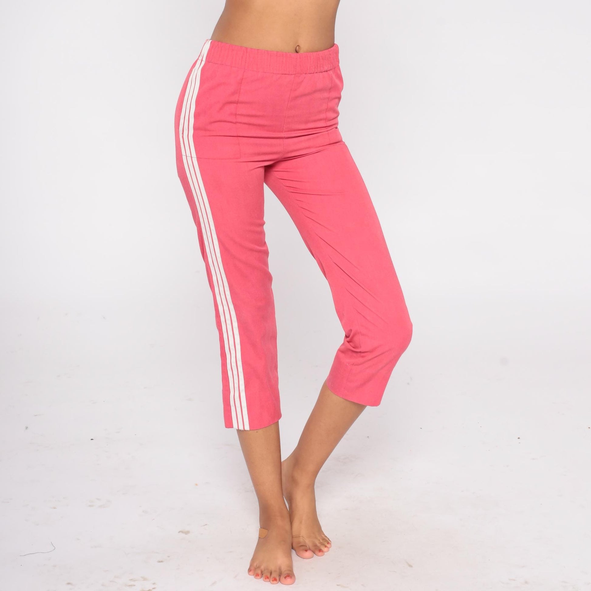 80s Sears Coral Pink Track Pants Capri White Side Stripe Extra Small XS
