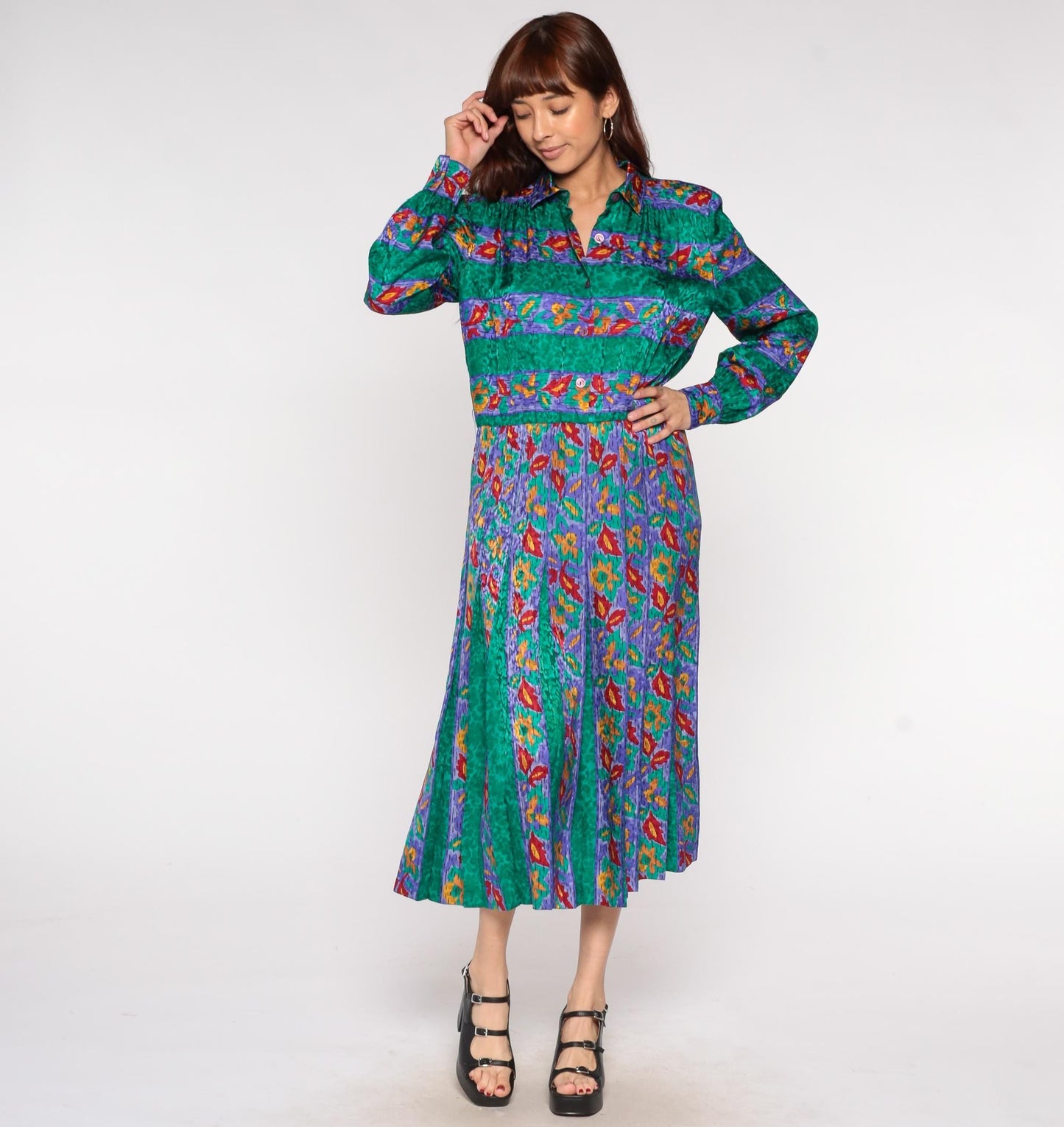 80s Adrianna Papell Silk Midi Dress Floral Print Collared Long Sleeve Medium