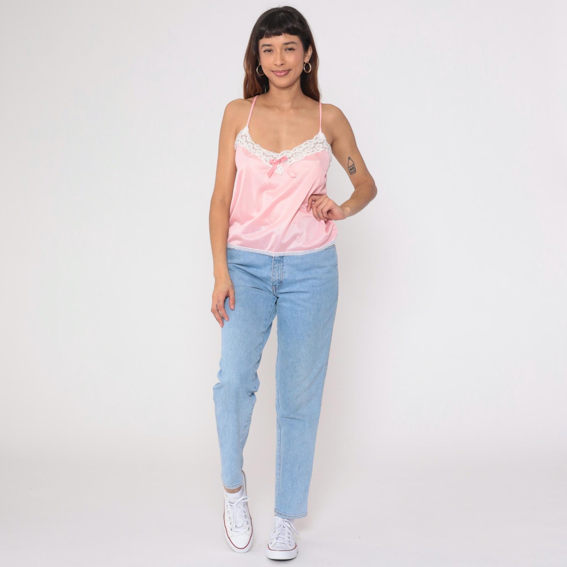 80s Pink Satin Camisole Nylon Lace Trim Bow Tank Medium