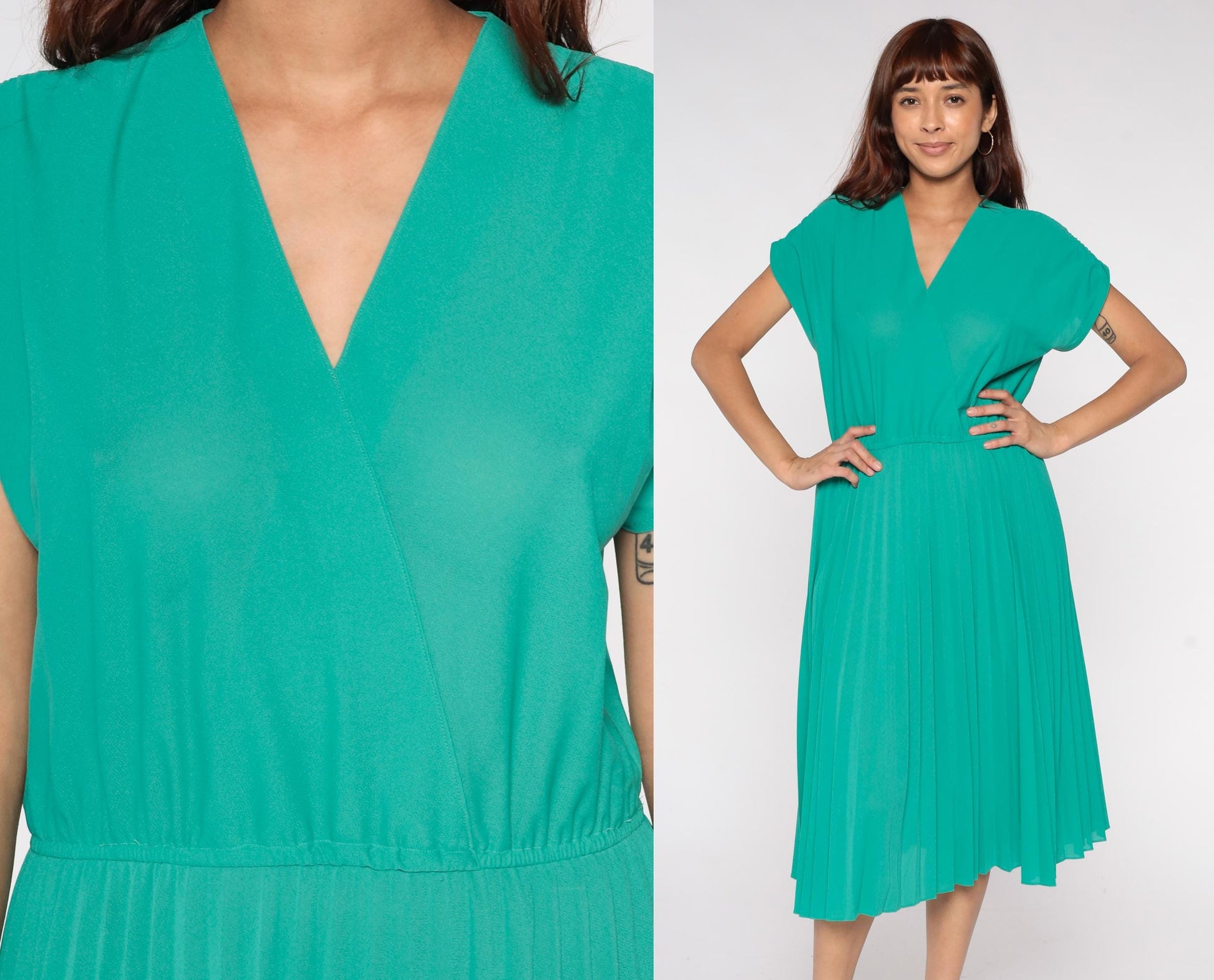 70s Emerald Green Pleated Midi Dress V Neck Dolman Sleeve Medium