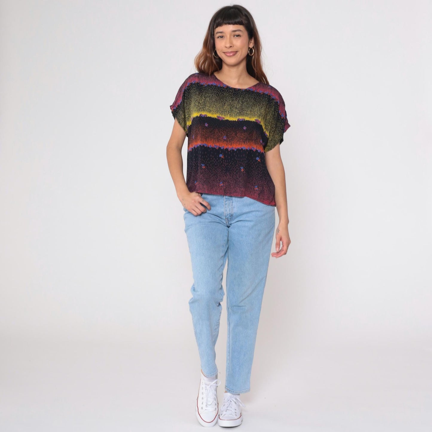 90s Abstract Multicolor Rayon Blouse Short Dolman Sleeves Small Medium