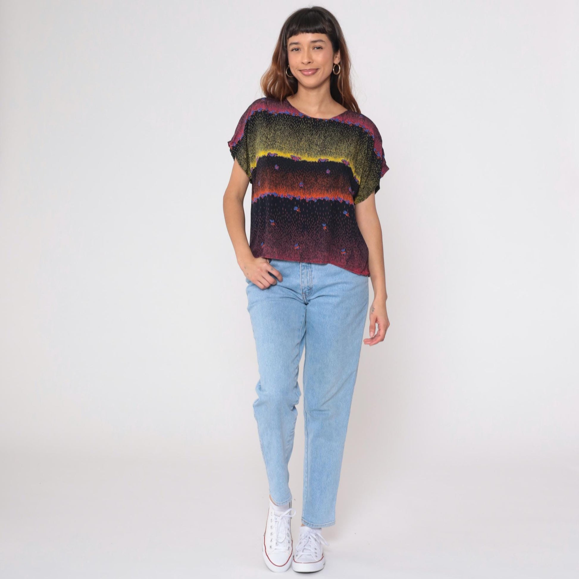 90s Abstract Multicolor Rayon Blouse Short Dolman Sleeves Small Medium