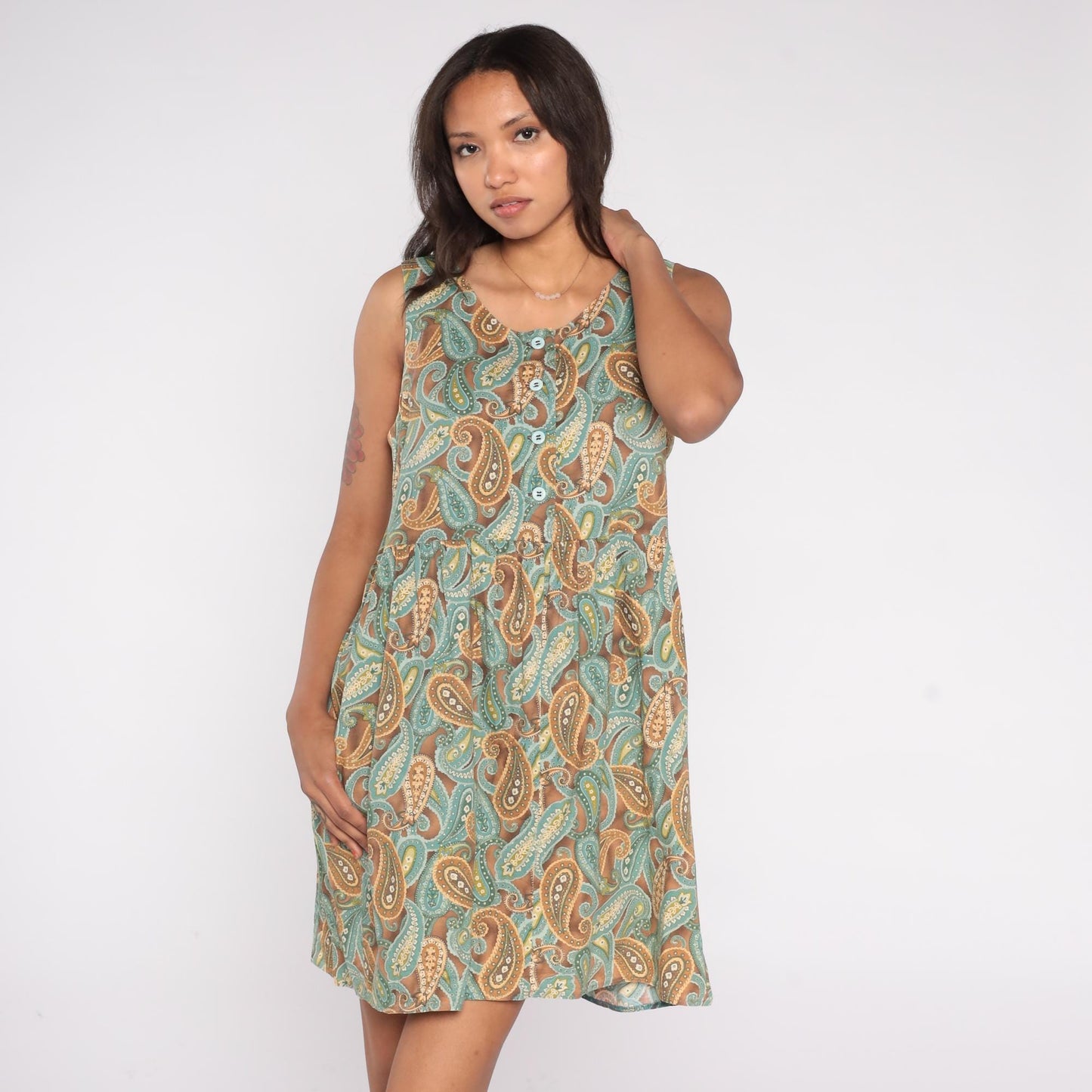 90s Paisley Mini Dress Brown Teal Gold Button Front Scoop Neck Medium M